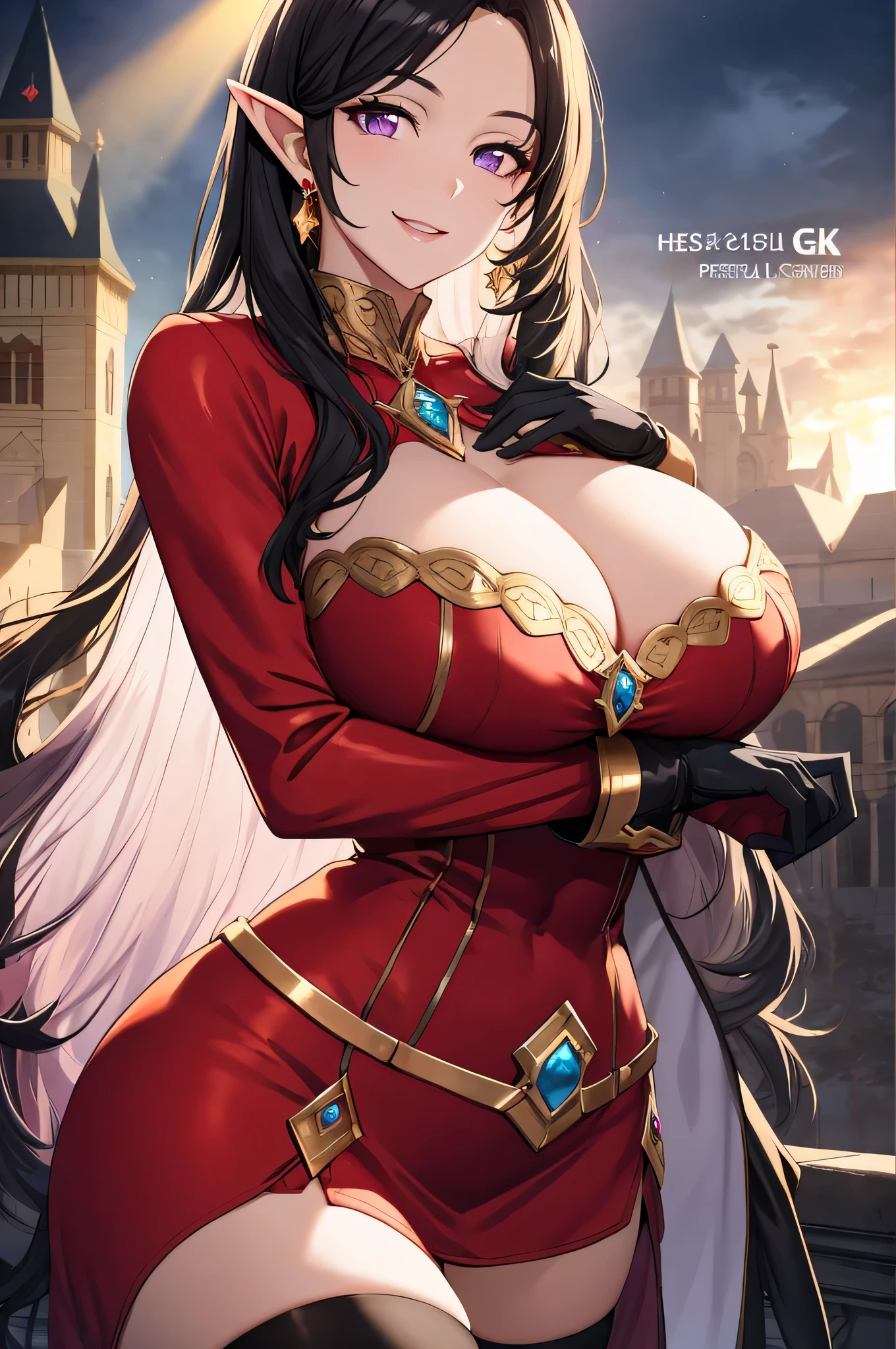 Lian, long black hair, long elf ears, hair stick, black clothes, bangs, violet eyes, solo, smiling, standing, upper body, hips, bare shoulders,purple thighhighs,red dress, gold jewelry,armor,gloves,circlet, cleavage, red and gold royal castle, gigantic breasts, (best quality, masterpiece, beautiful and aesthetic:1.2, highest detailed face, perfect face,) eyes, perfect face,expressive eyes,
looking at viewer, in the center of the image,(Upper_body),(Focus on her face),
official art,extremely detailed CG unity 8k wallpaper, perfect lighting,Colorful, Bright_Front_face_Lighting,shiny skin,
(masterpiece:1.0),(best_quality:1.0), ultra high res,4K,ultra-detailed