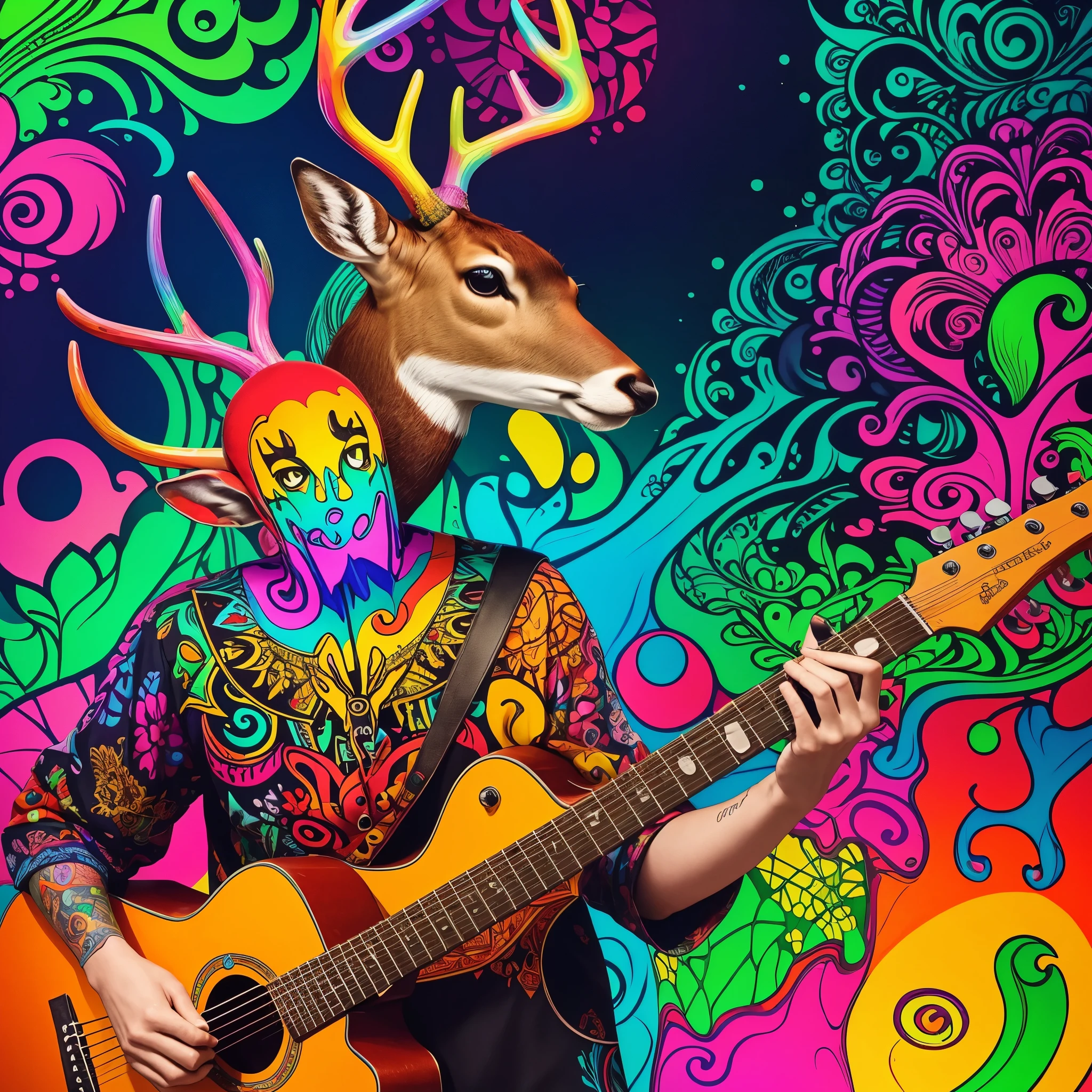 (Extremely colourful and psychedelic album cover), (deer playing guitar), (like it was drawn on parchment) 