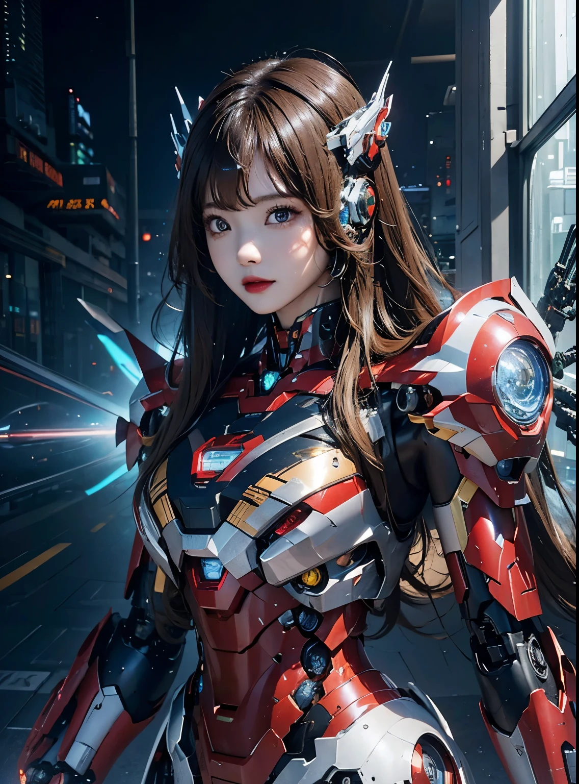 Super detailed, advanced details, high quality, 最high quality, High resolution, 1080P, hard disk, beautiful,(iron girl),beautifulサイボーグの女性,Mecha cyborg girl,battle mode,Mecha body girl,she's wearing iron man mecha,full body shot