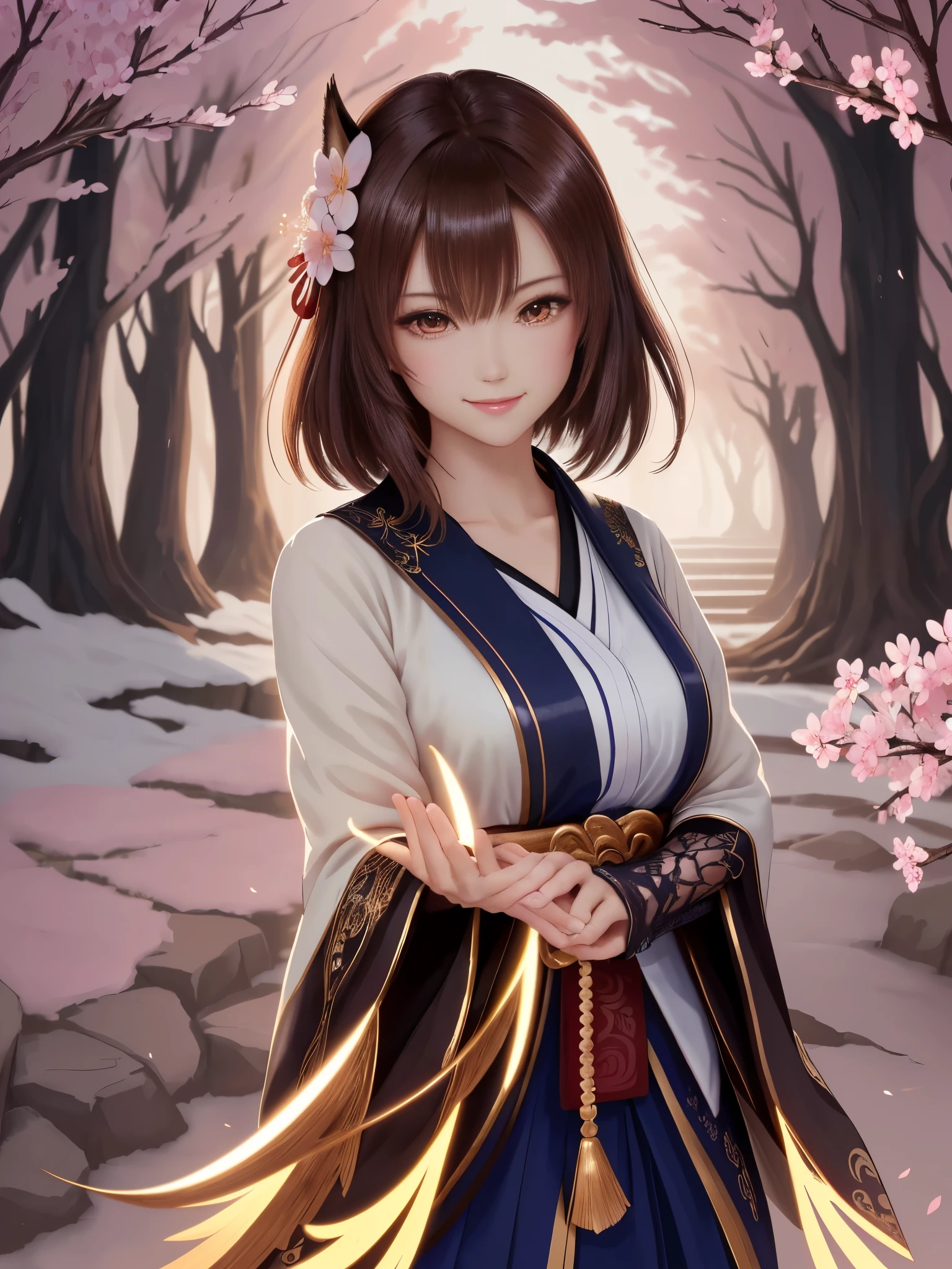 masterpiece , best quality,close up of face,smile,smile,the whole body is facing forward,肩のexposed,exposed,bright brown hair,slender body shape,brown eyes,sharp contrast,short hair,美しいフォルムのshort hair,just one person,precision quality,Faithfully reproduced eyes, 一面に咲くcherry blossom background,masterpiece, 幻想的なcherry blossom background,cherry blossom background,beautiful details, colorful, delicate details, delicate lips, intricate details, genuine, ultrargenuineista, 枝に座っている色とりどりの髪のFoxを持つ女の子:Mature, bright eyes, ,色とりどりのFox, raposa de nine tails, 三尾Fox, 三尾Fox, onmyoji detail art, beautiful fine art illustration, mythical creatures, Fox, beautiful digital art,shrine maiden,hold hands,exquisite digital illustration, mizutsune, Inspired by mythical wild web creatures, pixiv in digital art, shining light, high contrast, Mysterious,