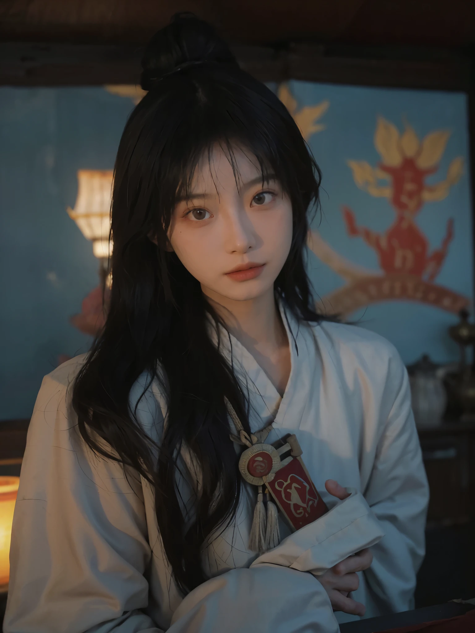 1 girl, Dunhuang Feitian Clothing, messy long hair, Ji Jian, Dunhuang style, A lot of smoke, superb, elegant color, (actual, high detail, masterpiece, super detailed, dynamic angle, mural background, ink, Astonishing, light, illustration, chiaroscuro, backlight, divine light, Netherlands, best quality, best quality