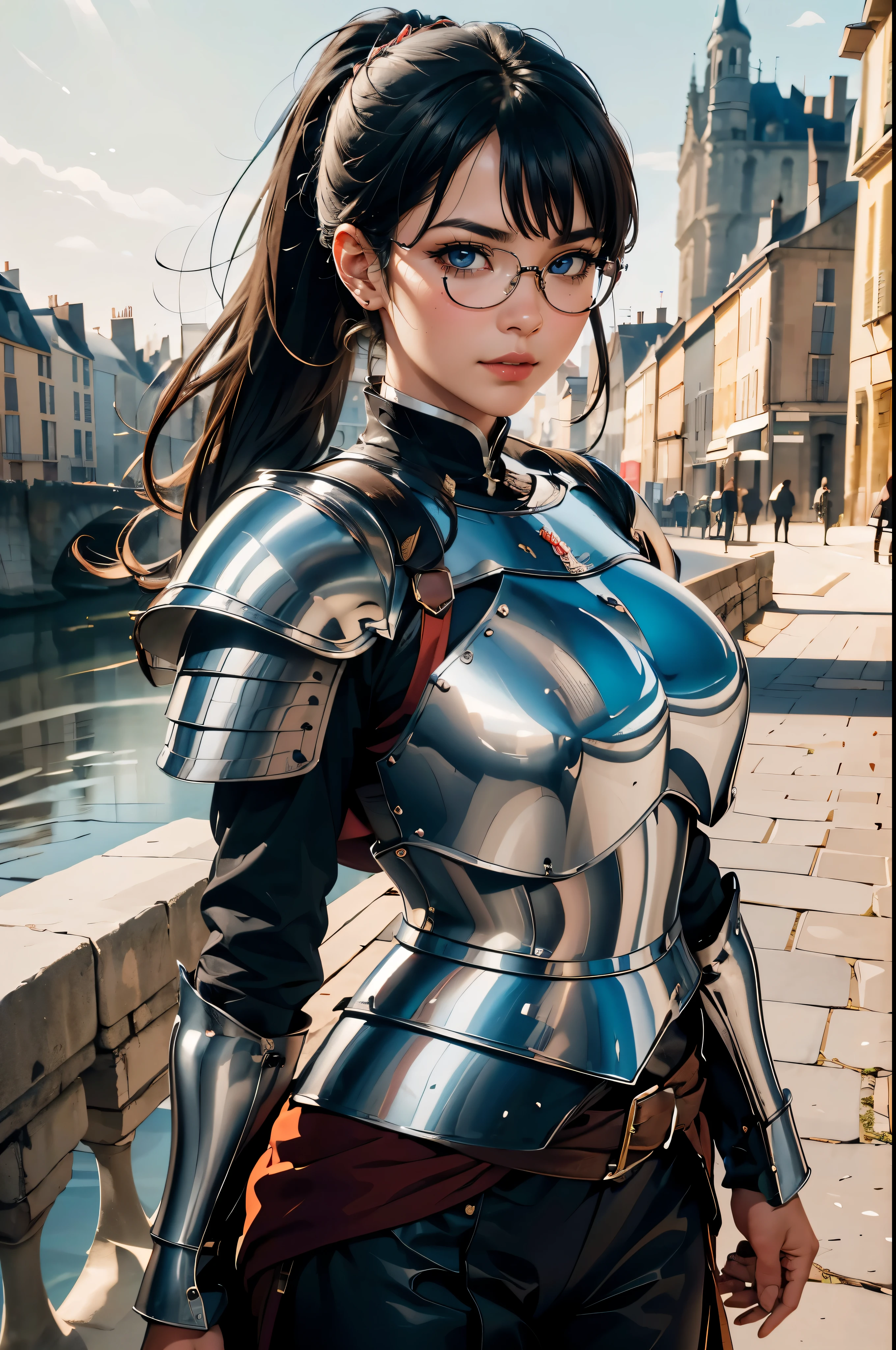((Wide angle view of the Hundred Years&#39; War in France)), beautiful young woman, black hair in a ponytail, smooth, wear glasses, สวมชุดเกราะของ Jeanne d&#39;Arc