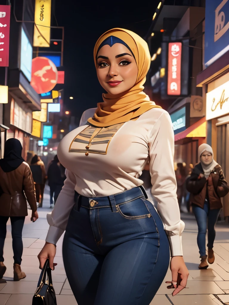 (highres,realistic:1.2),beautiful,cute busty thicc Egyptian milf wearing hijab and secy casual outfit. In crowded city street. Beautiful smile. Seductive pose. Beautiful hair