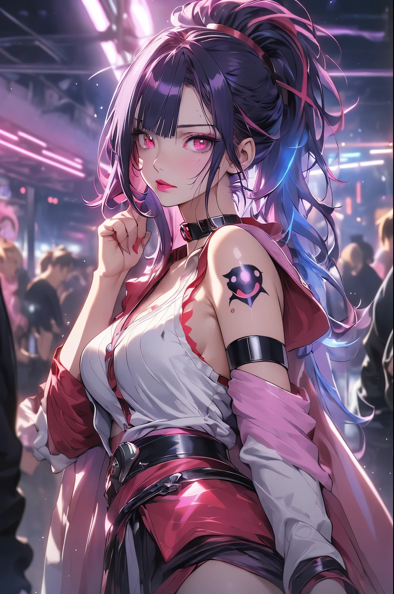 hair above one eye, red eyes, clear eyes, choker, neon shirt, purple pirate costume,Captain's Hat、Cloak in military uniform,sea tribe, shineing grafiti, shineing tattoos, shine, neon light, Black light,anime style, movieポートレート写真, 1 female, Full body Esbian,blue eye background, naval battle、big and full breasts, anger, (scarlet hair), long hair, purple eyes, wearing a short white dress, (natural skin texture vivid details, surreal, (realistic detailed eyes, natural skin texture, realistic facial details), soft and dramatic lighting, Depth of written boundary, Bokeh, vivid details, surreal, 35mm movie, hazy blur, movie,lipstick, eye shadow, red pink lips, 多色のred eyes, purple theme,Wear an iridescent aura,beautiful eyes,There are many treasure chests、grab the gem,bold pose、decide on a pose,upper ponytail,hanging bangs,has a battle knife、hand gun,run around the battlefield