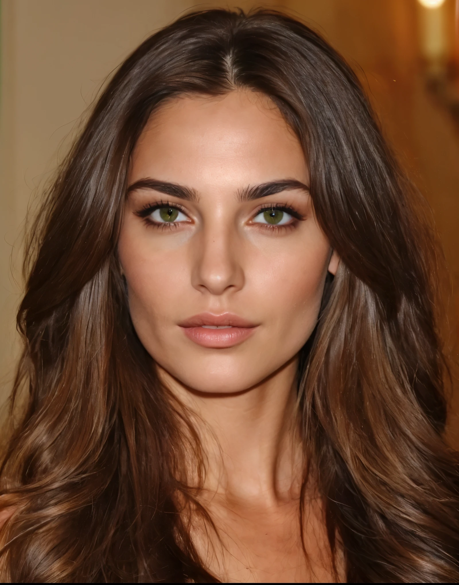 32 years old, model, 1girl, solo, long_hair, looking_at_viewer, brown_hair, realistic, lips, green_eyes, parted_lips, portrait, blurry, eyelashes, nose, brown_eyes