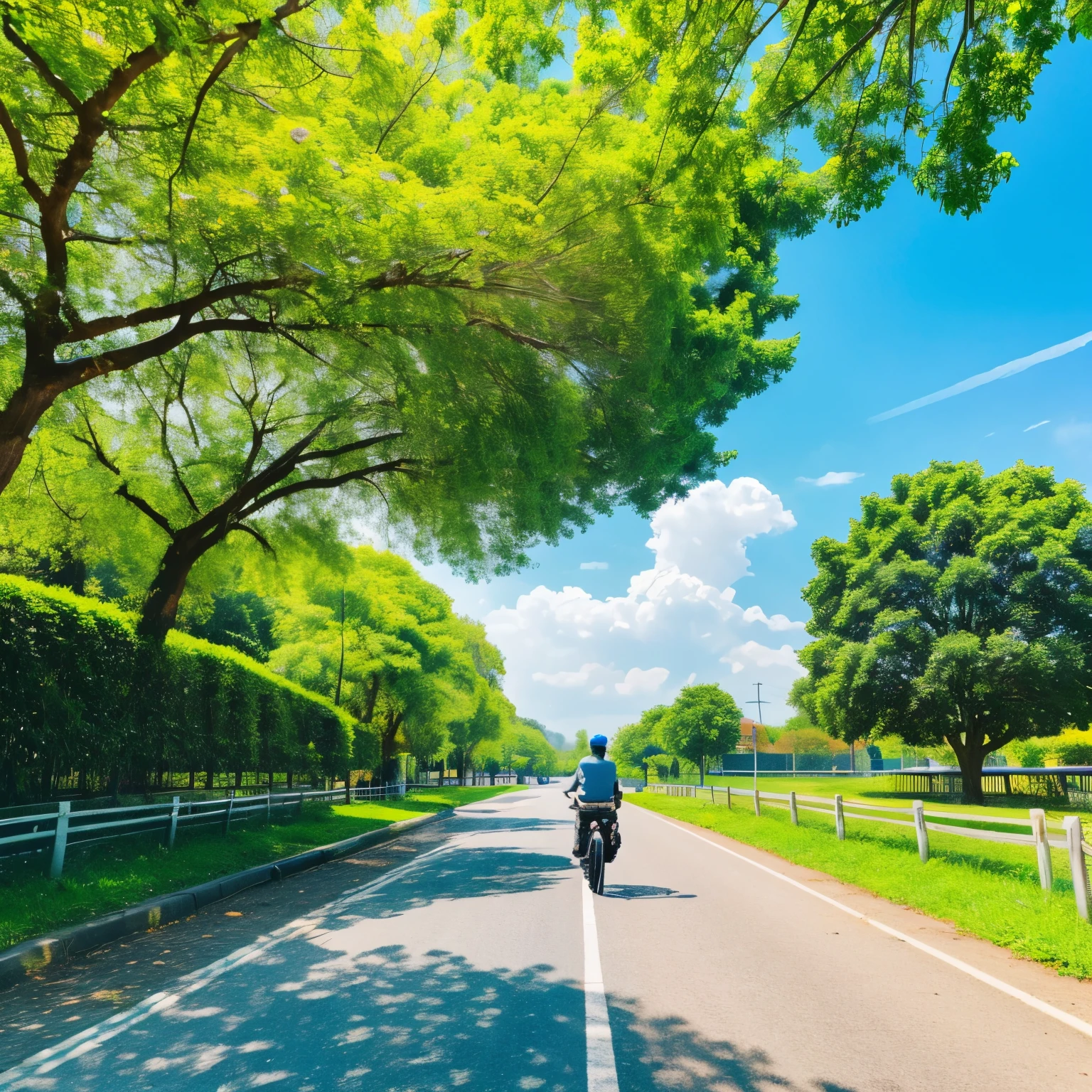 (a person:1.1,riding a bicycle:1.2),bright sunny day,clean and smooth road,green trees and flowers on the sides,fresh breeze:1.1,blue sky:0.9,faint clouds:0.9,vibrant colors,shadows and highlights,sharp focus,realistic details.