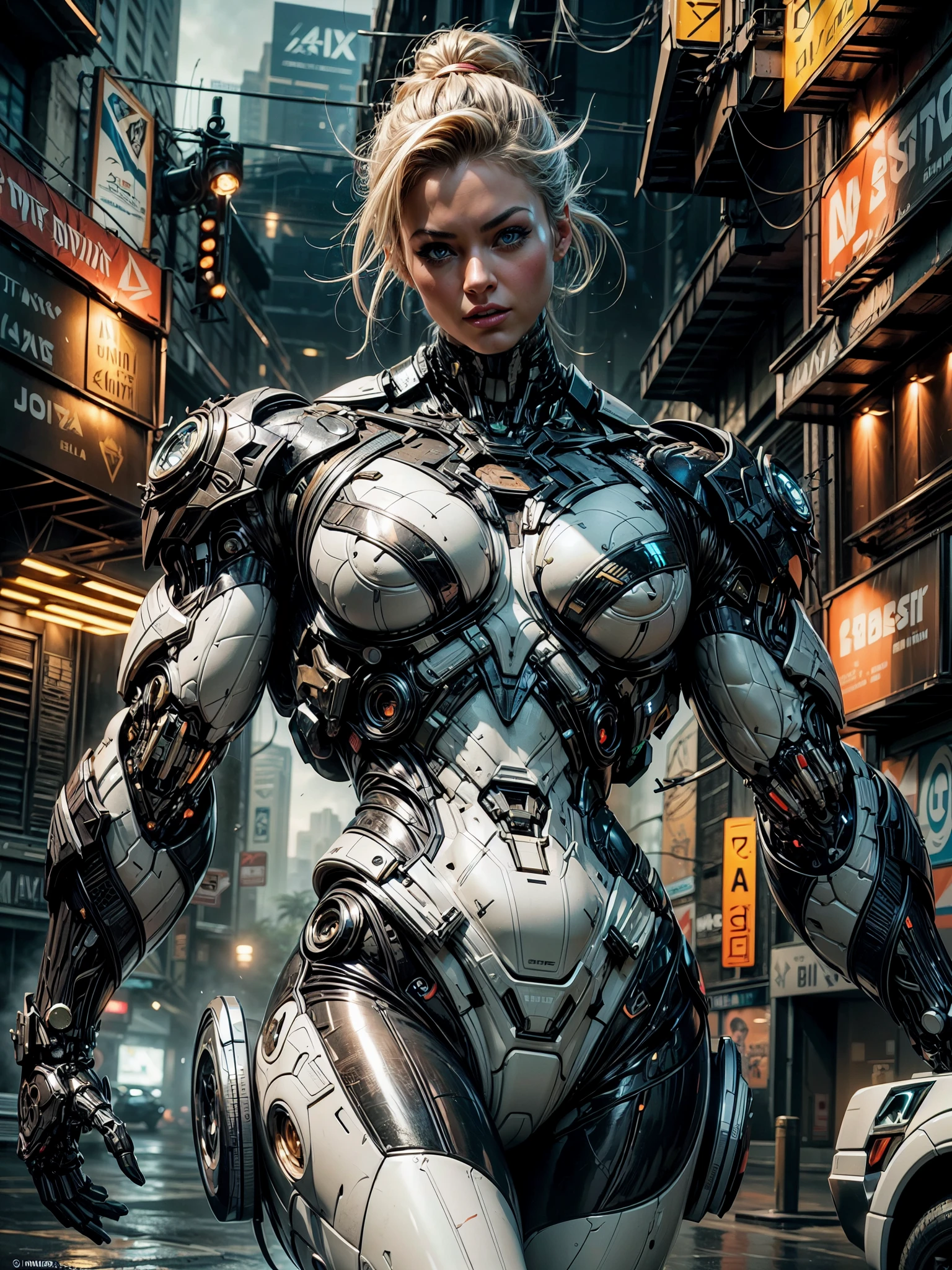 (1girl:1.5), Cinematic, hyper-detailed, and insanely detailed, this artwork captures the essence of a hairless muscular female android girl. Beautiful color grading, enhancing the overall cinematic feel. Unreal Engine brings her anatomic cybernetic muscle suit to life, appearing even more mesmerizing. With the use of depth of field (DOF), every detail is focused and accentuated, drawing attention to her eyes and the intricate design of the anatomic cybernetic muscle suit . The image resolution is at its peak, utilizing super-resolution technology to ensure every pixel is perfect. Cinematic lighting enhances her aura, while anti-aliasing techniques like FXAA and TXAA keep the edges smooth and clean. Adding realism to the anatomic cybernetic muscle suit, RTX technology enables ray tracing. Additionally, SSAO (Screen Space Ambient Occlusion) gives depth and realism to the scene, the girl's anatomic cybernetic muscle suit become even more convincing. In the post-processing and post-production stages, tone mapping enhances the colors, creating a captivating visual experience. The integration of CGI (Computer-Generated Imagery) and VFX (Visual Effect brings out the anatomic cybernetic muscle suit's intricate features in a seamless manner. SFX (Sound Effects) complement the visual artistry, immersing the viewer further into this fantastic world. The level of detail is awe-inspiring, with intricate elements meticulously crafted, the artwork hyper maximalist and hyper-realistic. Volumetric effects add depth and dimension, and the photorealism is unparalleled. The image is rendered in 8K resolution, ensuring super-detailed visuals. The volumetric lightning adds a touch of magic, highlighting her beauty and the aura of her anatomic cybernetic muscle suit in an otherworldly way. High Dynamic Range (HDR) technology makes the colors pop, adding richness to the overall composition. Ultimately, this artwork presents an unreal portrayal of a super muscled cybernetic female android