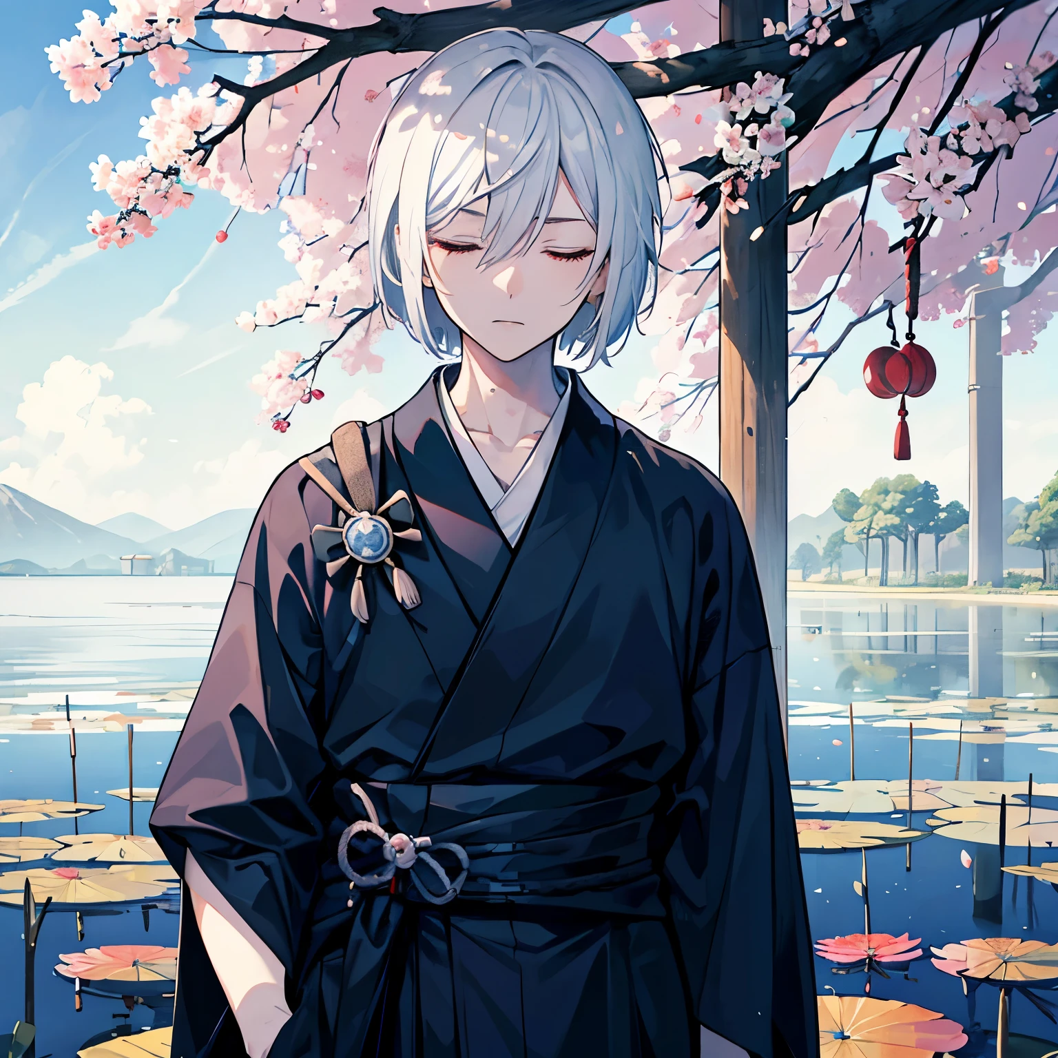 a young man, expressionless, neutral, Japanese ink, bob cut, white hair, samurai, eyes closed, Scar around left eye, upper body, japanese clothes, Dark blue hakama, Dark blue kimono, a Japanese sword slung diagonally across the waist, Water lilies brooch on clothes, cherry tree in the background