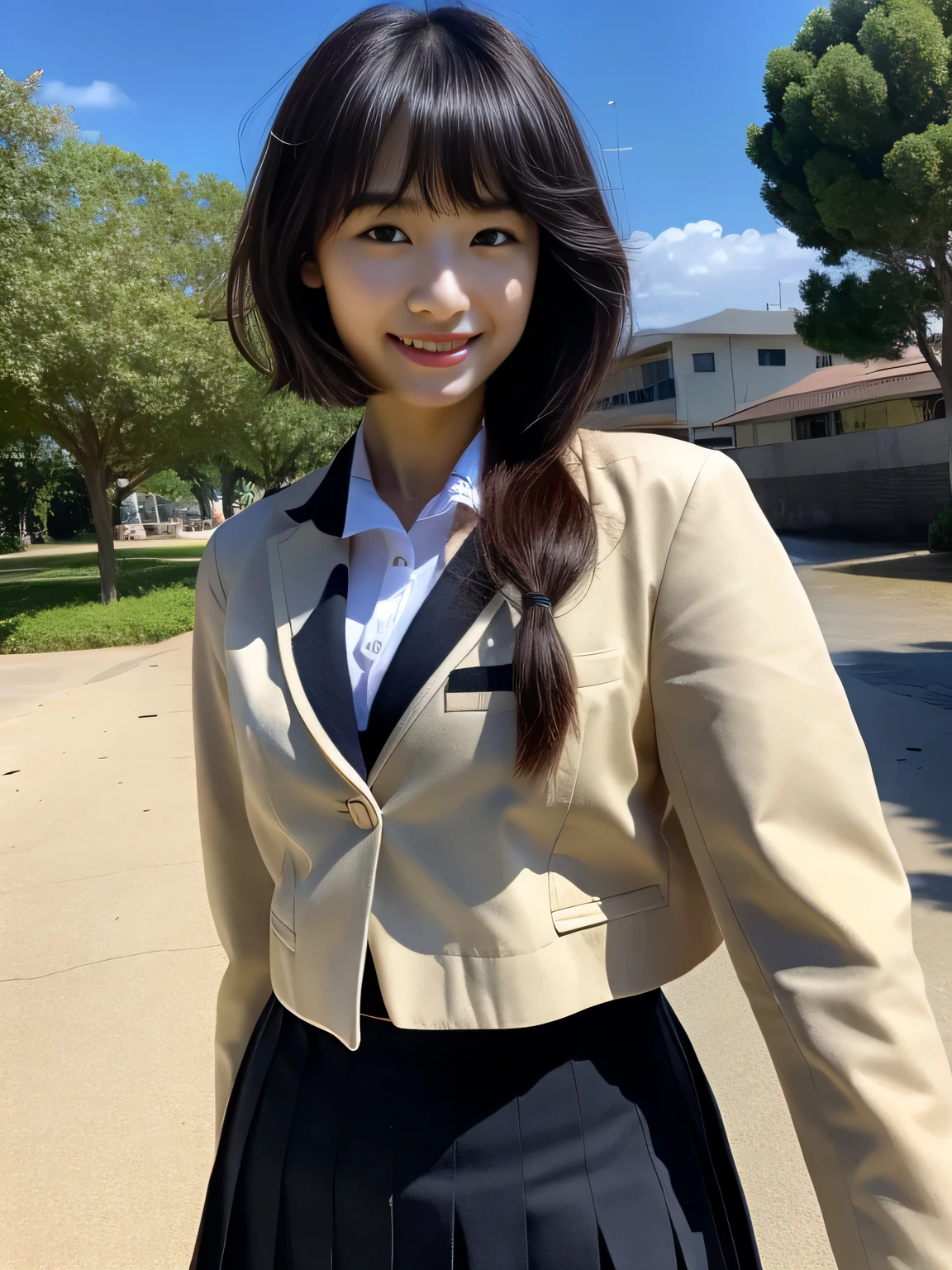at school、Fair skin, skinny student、alone、High resolution、smile、Dark black soft middle hair with bangs、small face、I'It's embarassing、apply blush、double eyelid、tear bag、wearing a blazer uniform、big breasts、full body figure、Wear a beige beret