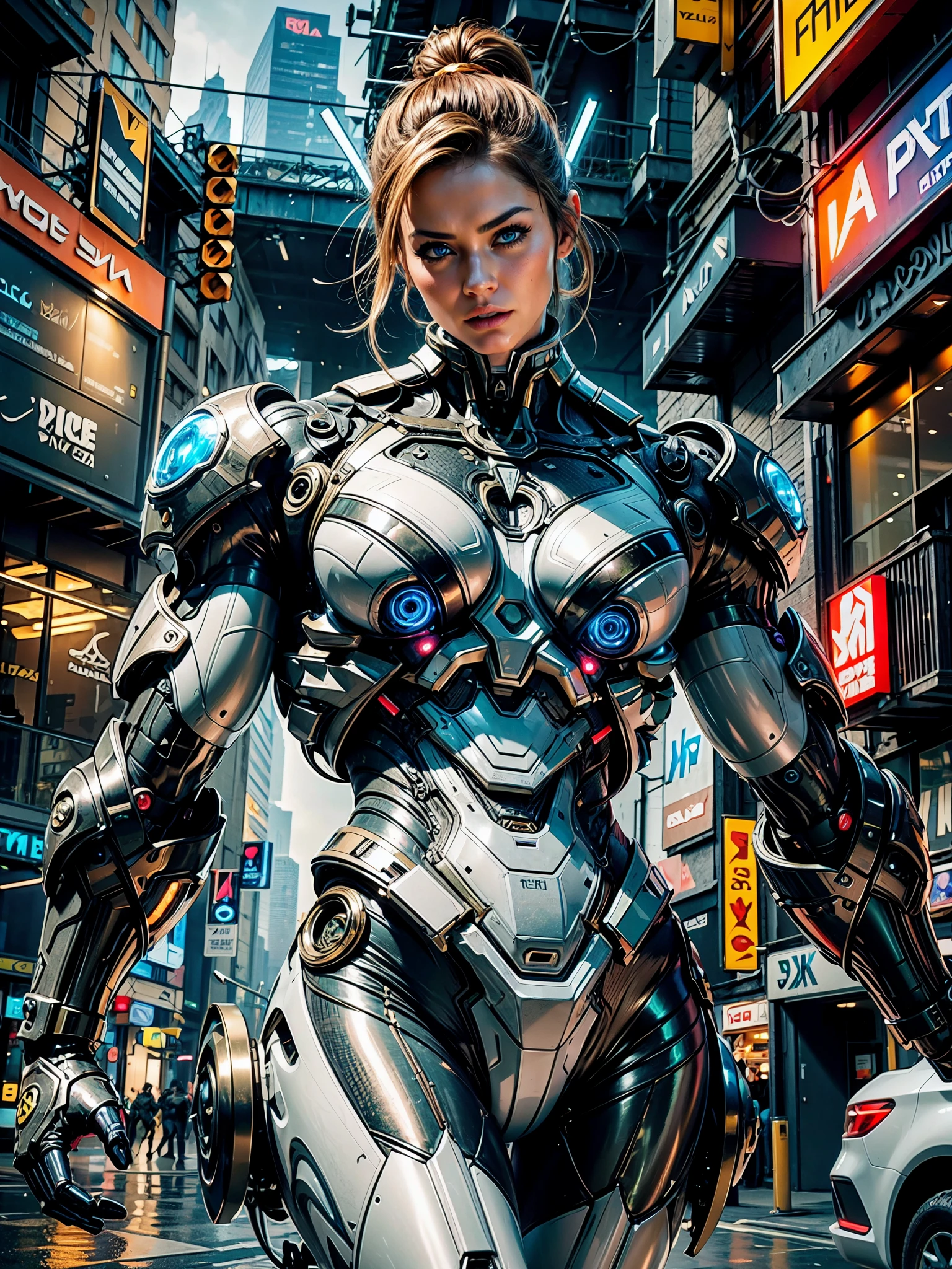 Cinematic, hyper-detailed, and insanely detailed, this artwork captures the essence of a bald hairless muscular female android girl. Beautiful color grading, enhancing the overall cinematic feel. Unreal Engine brings her anatomic cybernetic muscle suit to life, appearing even more mesmerizing. With the use of depth of field (DOF), every detail is focused and accentuated, drawing attention to her eyes and the intricate design of the anatomic cybernetic muscle suit . The image resolution is at its peak, utilizing super-resolution technology to ensure every pixel is perfect. Cinematic lighting enhances her aura, while anti-aliasing techniques like FXAA and TXAA keep the edges smooth and clean. Adding realism to the anatomic cybernetic muscle suit, RTX technology enables ray tracing. Additionally, SSAO (Screen Space Ambient Occlusion) gives depth and realism to the scene, the girl's anatomic cybernetic muscle suit become even more convincing. In the post-processing and post-production stages, tone mapping enhances the colors, creating a captivating visual experience. The integration of CGI (Computer-Generated Imagery) and VFX (Visual Effect brings out the anatomic cybernetic muscle suit's intricate features in a seamless manner. SFX (Sound Effects) complement the visual artistry, immersing the viewer further into this fantastic world. The level of detail is awe-inspiring, with intricate elements meticulously crafted, the artwork hyper maximalist and hyper-realistic. Volumetric effects add depth and dimension, and the photorealism is unparalleled. The image is rendered in 8K resolution, ensuring super-detailed visuals. The volumetric lightning adds a touch of magic, highlighting her beauty and the aura of her anatomic cybernetic muscle suit in an otherworldly way. High Dynamic Range (HDR) technology makes the colors pop, adding richness to the overall composition. Ultimately, this artwork presents an unreal portrayal of a super muscled cybernetic female android