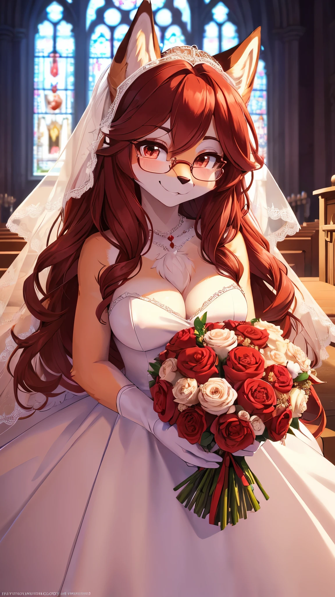 (fluffy anthro furry :1.6),fox girl,red long hair,wavy hair,neck fur,ultra detailed fur,glasses, wedding dress,white glove,veils, church, looking at viewer,full face blush,smile,holding bouquet,heart eyes,upper body only