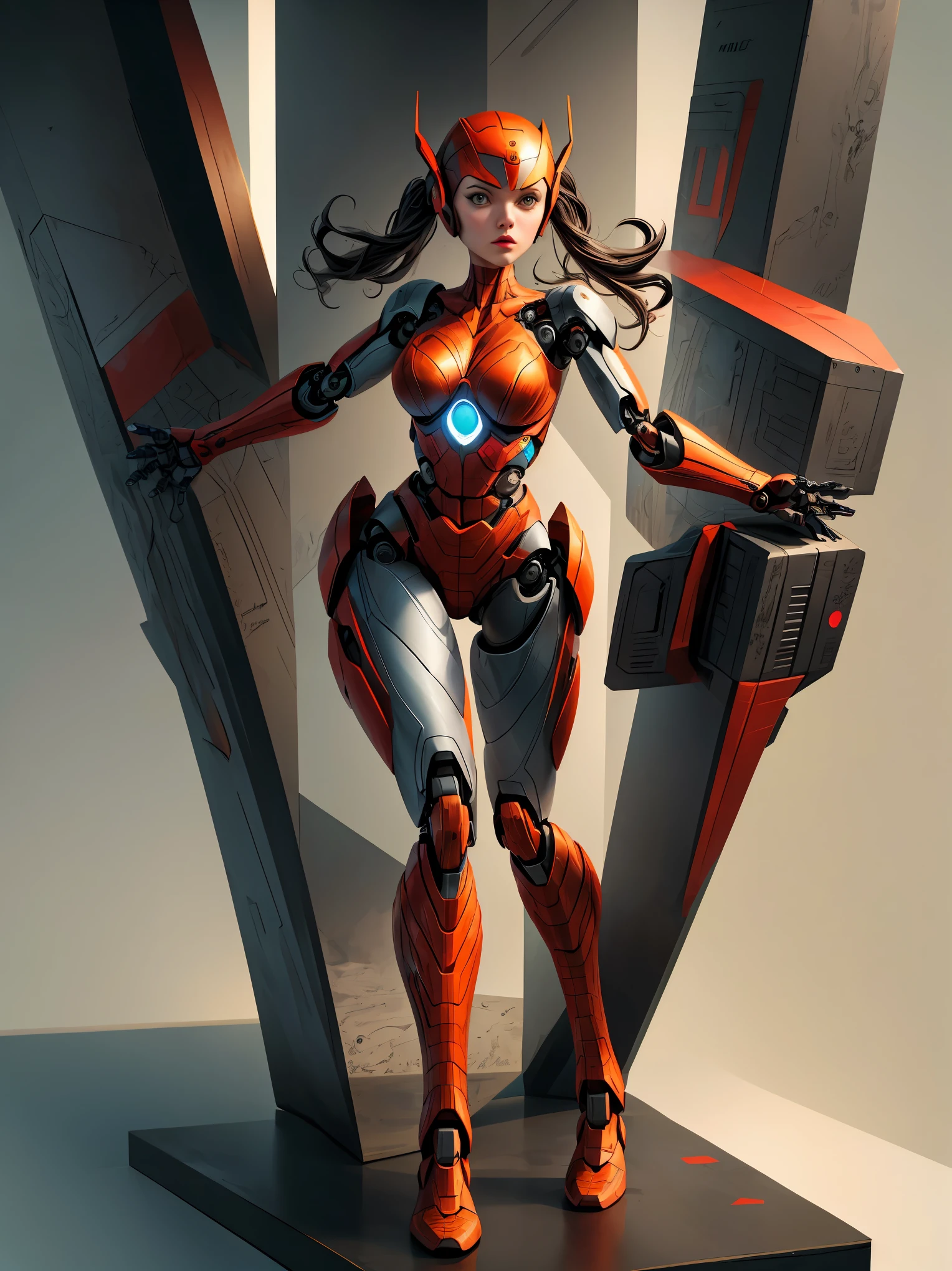 fullbody shoot，dynamic pose，(masterpiece, best quality:1.2), A digital illustration of a robotic superhero girl ，abstract,UHD，anatomically correct，solo