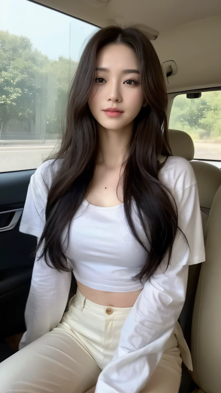 ((top-quality、8k、masterpiece:1.3))、Beautiful woman with perfect body:1.4、slim abdomen:1.2、Longhair, normal breast, Highly detailed facial and skin texture, A detailed eye, delicate eyes, double eyelid, (smile), (full body shot), ((in the car 1.1)), (sitting in car), (((wearing white t-shirt n long pants)), looking in front, food