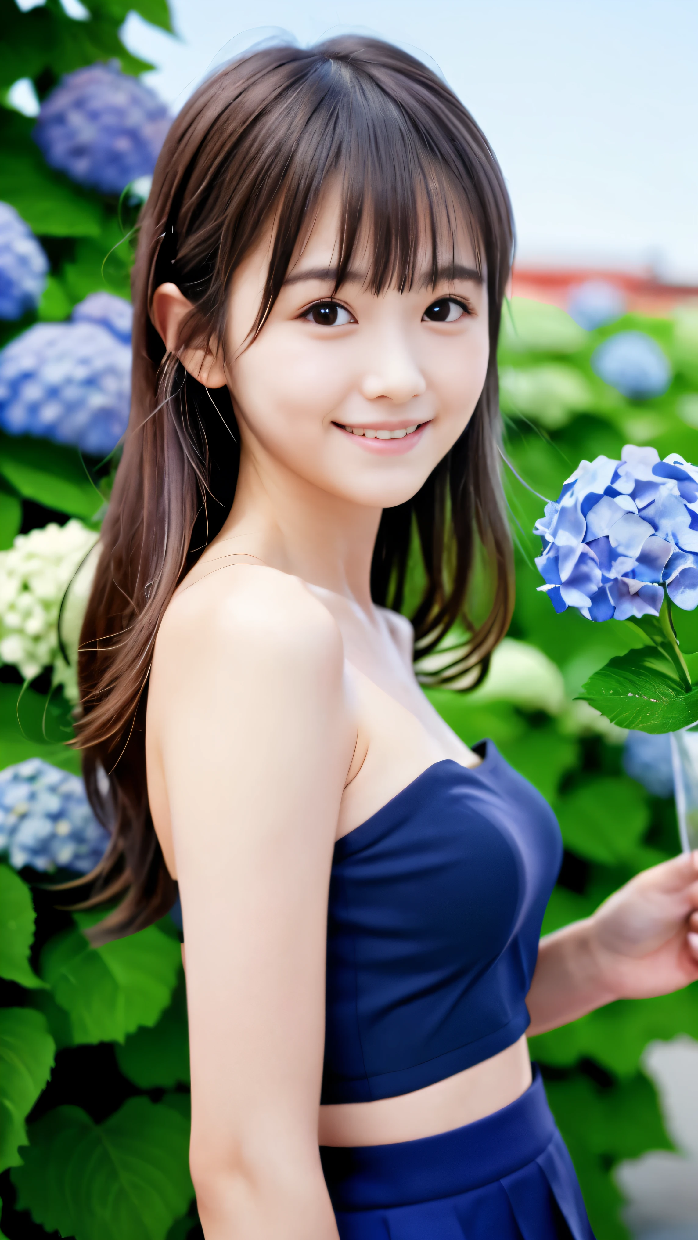 (Close-up of the face of a slender small-breasted half-up girl with long brown hair with bangs wearing a tube top and skirt:1.5)、(A girl looks at the hydrangea flowers in the hydrangea garden with a small smile:1.5)、(summer blue sky:1.5)、(blurred background:1.5)、(perfect anatomy:1.5)、photorealistic stick、RAW photo、table top、highest quality、High resolution、delicate and beautiful、perfect face、delicate and beautiful目元の空気肌、real human skin、((thin legs))
