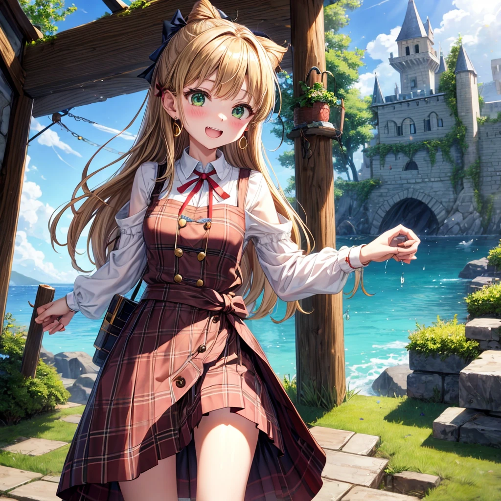 reddish-brown blonde、green eyes、one good looking girl、solo、anime、plaid mini skirt、the skirt has buttons、camisole、black t-shirt、dress、wearing a ribbon、ribbon at waist、cloak、hood、clouds are swirling、stone slabs are piled up、one hand raised、crystal earrings、sun、gold coins are falling、teeth are visible、splash of water、monster castle、have a world map、bow、Swing、ceiling、frying pan、graffiti、scarecrow、heart