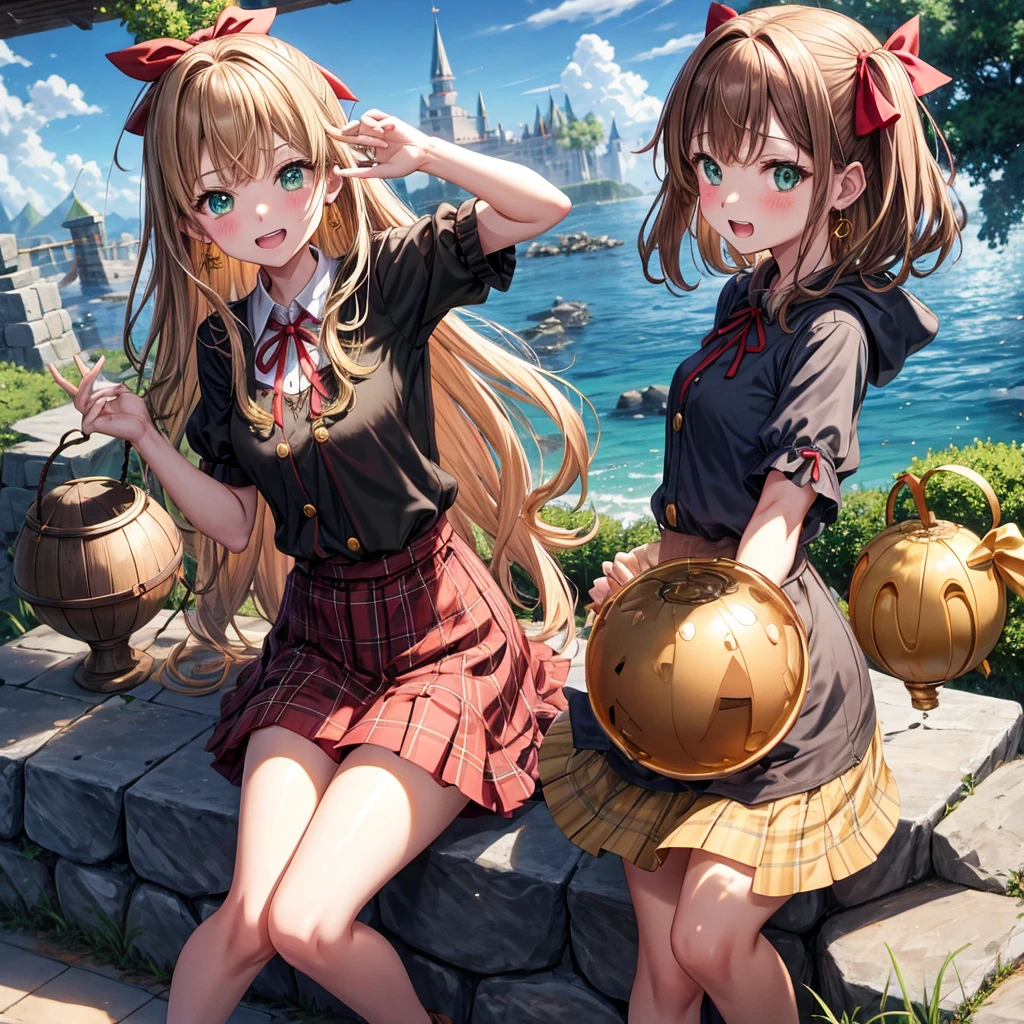 reddish-brown blonde、green eyes、one good looking girl、solo、anime、plaid mini skirt、the skirt has buttons、camisole、black t-shirt、dress、wearing a ribbon、ribbon at waist、cloak、hood、clouds are swirling、stone slabs are piled up、one hand raised、crystal earrings、sun、gold coins are falling、teeth are visible、splash of water、monster castle、have a world map、bow、Swing、ceiling、frying pan、graffiti、scarecrow、heart