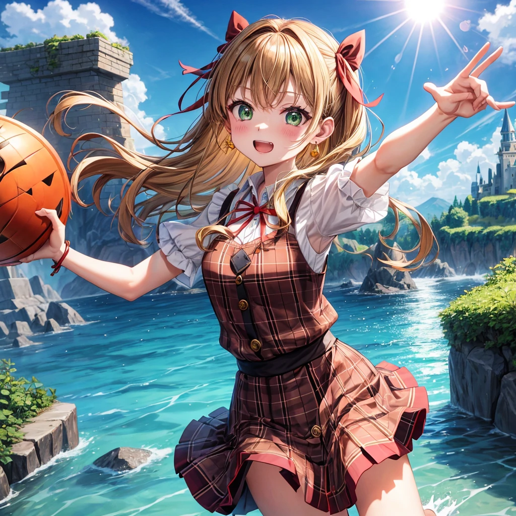 reddish-brown blonde、green eyes、one good looking girl、solo、anime、plaid mini skirt、the skirt has buttons、camisole、black t-shirt、dress、wearing a ribbon、ribbon at waist、cloak、hood、clouds are swirling、stone slabs are piled up、one hand raised、crystal earrings、sun、gold coins are falling、teeth are visible、splash of water、monster castle、have a world map、bow、Swing、ceiling、frying pan、graffiti、scarecrow、heart