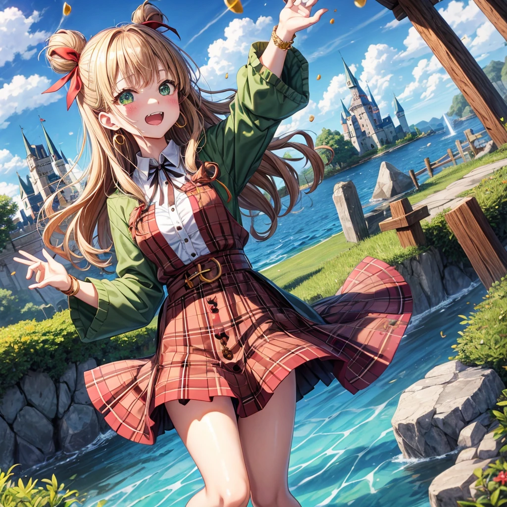 reddish-brown blonde、green eyes、one good looking girl、solo、anime、plaid mini skirt、the skirt has buttons、camisole、black t-shirt、dress、wearing a ribbon、ribbon at waist、cloak、hood、clouds are swirling、stone slabs are piled up、one hand raised、crystal earrings、sun、gold coins are falling、teeth are visible、splash of water、monster castle、have a world map、bow、Swing、ceiling、frying pan、graffiti、scarecrow、heart