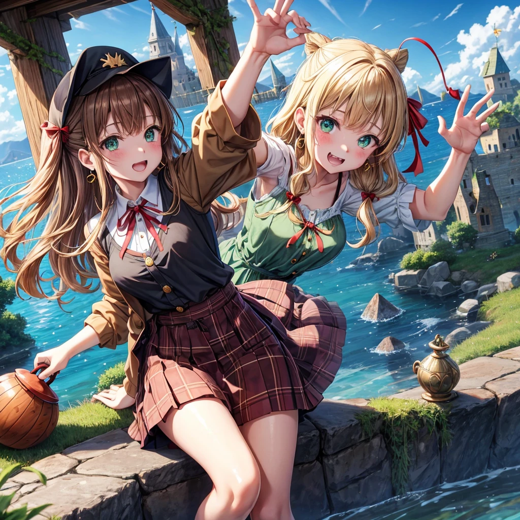 reddish-brown blonde、green eyes、one good looking girl、solo、anime、plaid mini skirt、the skirt has buttons、camisole、black t-shirt、dress、wearing a ribbon、ribbon at waist、cloak、hood、clouds are swirling、stone slabs are piled up、one hand raised、crystal earrings、sun、gold coins are falling、teeth are visible、splash of water、monster castle、have a world map、bow、Swing、ceiling、frying pan、graffiti、scarecrow、heart