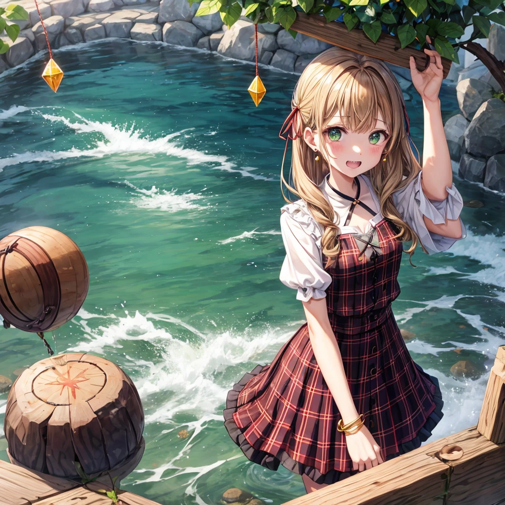 reddish-brown blonde、green eyes、one good looking girl、solo、anime、plaid mini skirt、the skirt has buttons、camisole、black t-shirt、dress、wearing a ribbon、ribbon at waist、cloak、hood、clouds are swirling、stone slabs are piled up、one hand raised、crystal earrings、sun、gold coins are falling、teeth are visible、splash of water、monster castle、have a world map、bow、Swing、ceiling、frying pan、graffiti、scarecrow、heart
