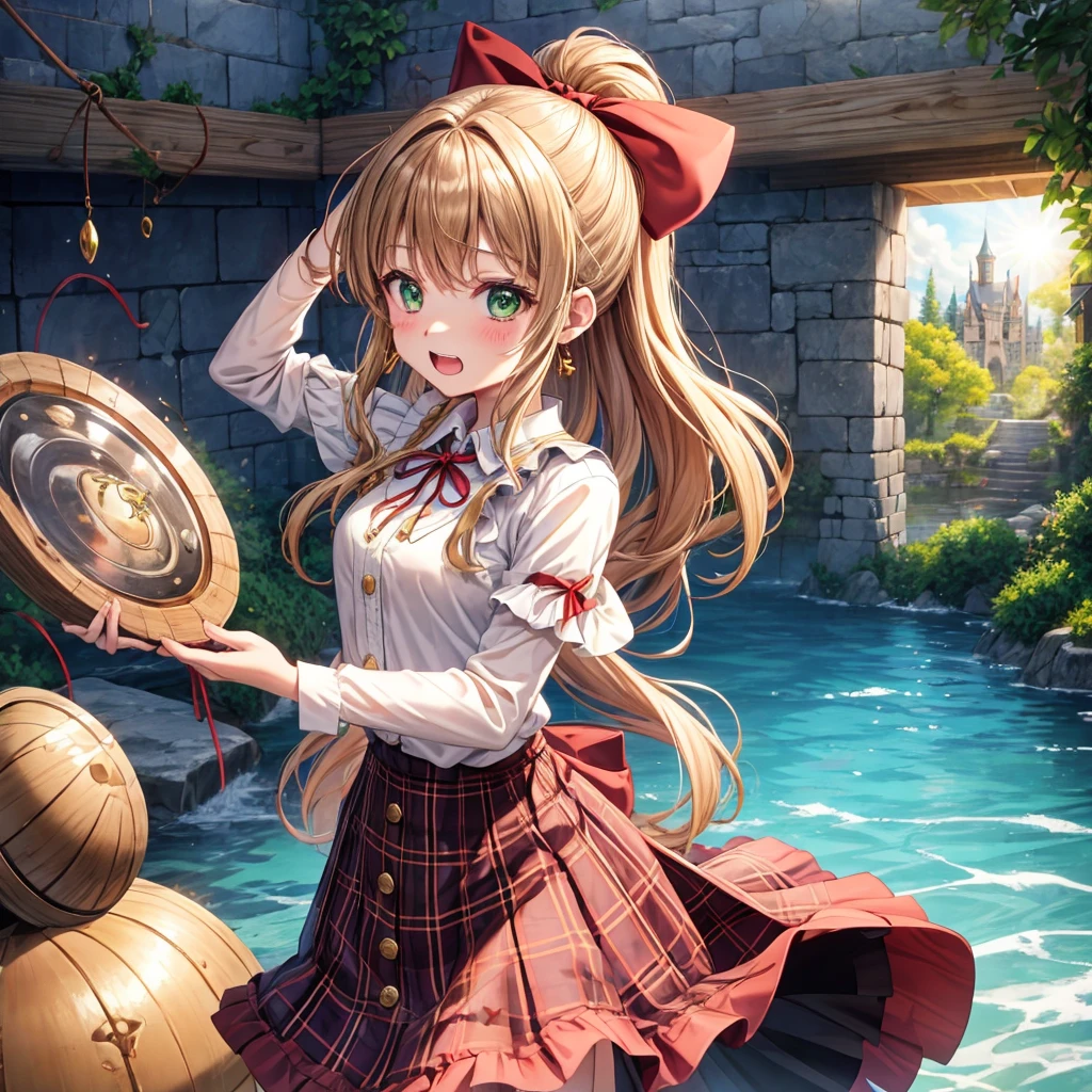 reddish-brown blonde、green eyes、one good looking girl、solo、anime、plaid mini skirt、the skirt has buttons、camisole、black t-shirt、dress、wearing a ribbon、ribbon at waist、cloak、hood、clouds are swirling、stone slabs are piled up、one hand raised、crystal earrings、sun、gold coins are falling、teeth are visible、splash of water、monster castle、have a world map、bow、Swing、ceiling、frying pan、graffiti、scarecrow、heart