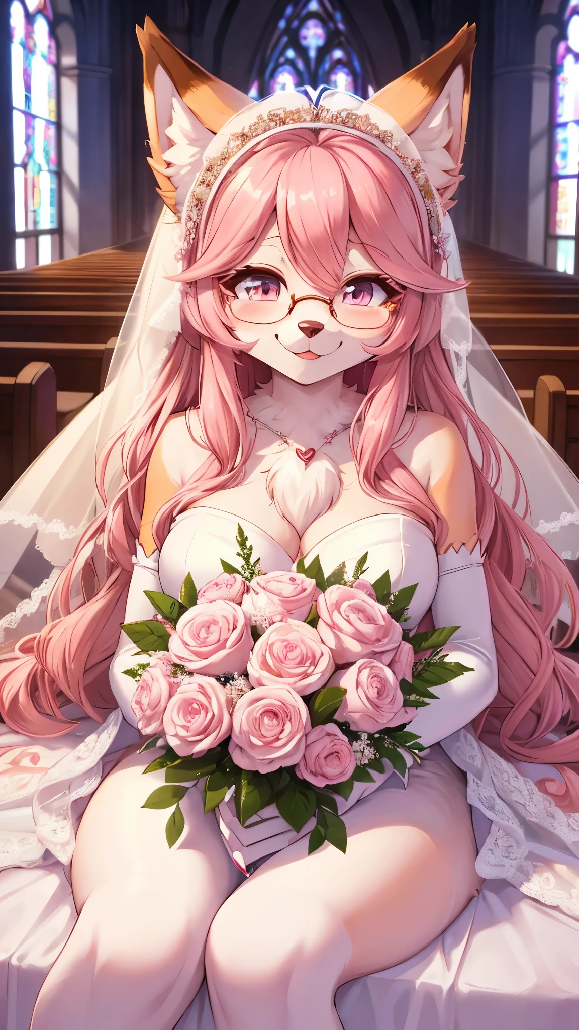 (fluffy anthro furry :1.6),fox girl,pink long hair,wavy hair,pink fur,neck fur,ultra detailed fur,glasses, wedding dress,white glove,veils, church, looking at viewer,full face blush,smile,happy face,holding bouquet,heart eyes,upper body only,sitting