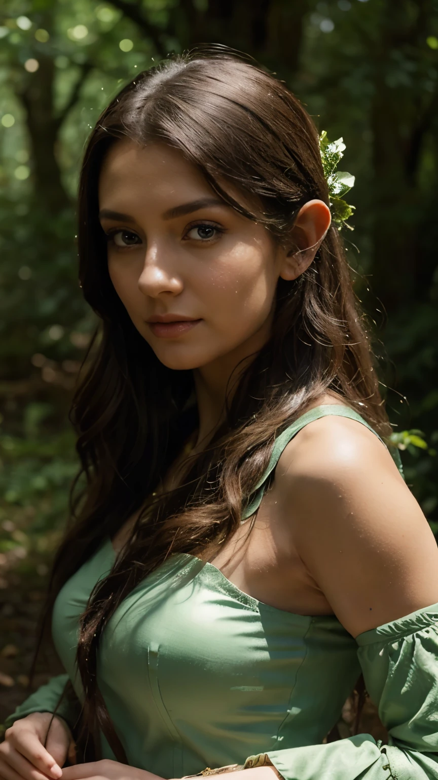 high quality, 8K Ultra HD, high detailed, beautiful Forest Guardian, In the heart of an ancient forest, beautiful the Forest Guardian stands as a protector of nature's secrets, Her attire echoes the elements of the forest, adorned with leaves, vines, and woodland symbols, A crown of flowers rests atop her head, symbolizing her connection to the natural world, Her gaze is serene yet powerful, exuding the wisdom of the forest, The forest comes alive around her, with woodland creatures and magical spirits emerging from the foliage, The color palette is a mix of earthy tones, greens, and warm browns, creating a harmonious blend with the forest's vibrant hues, by yukisakura, awesome full color,