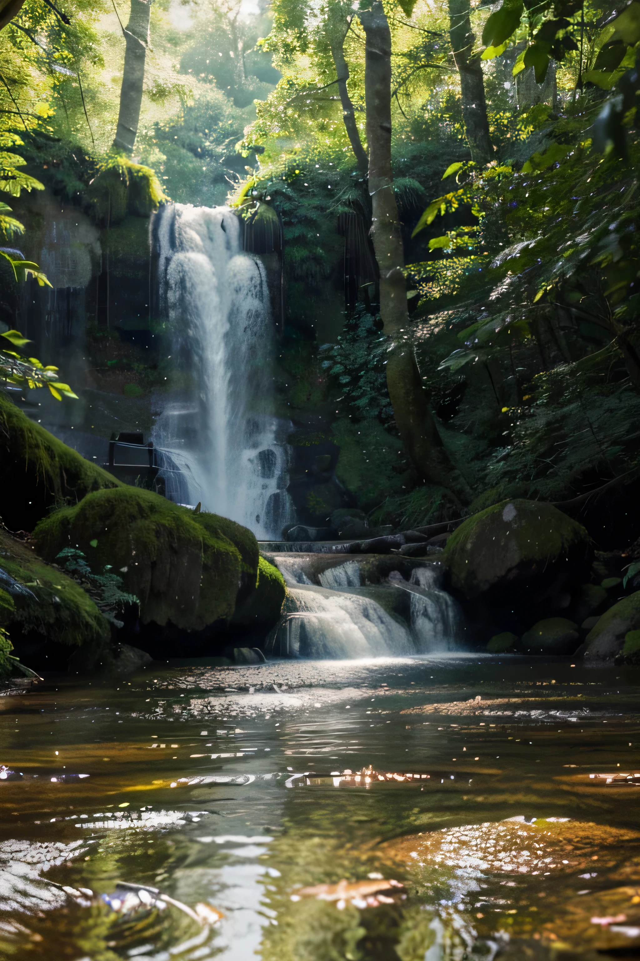 (best quality,4k,8k,highres,masterpiece:1.2),ultra-detailed,(realistic,photorealistic,photo-realistic:1.37),enchanting lake, sparkling water, serene atmosphere, peaceful, calming, tranquil, glimmering reflections, floral surroundings, fragrant flowers, smooth stones, natural beauty, fairy-tale-like, sunlit, shimmering waterfall, transparent veil of water, cascading elegantly, delicate mist, refreshing breeze, natural harmony, dappled sunlight, dancing shadows, ethereal, magical ambiance, lush greenery, whispering leaves, playful ripples, harmonious colours, serenity, blissful tranquillity, hidden paradise, one with nature, serene escape, enchanted dreamscape, rays of light piercing through the foliage, harmonious melodies of nature