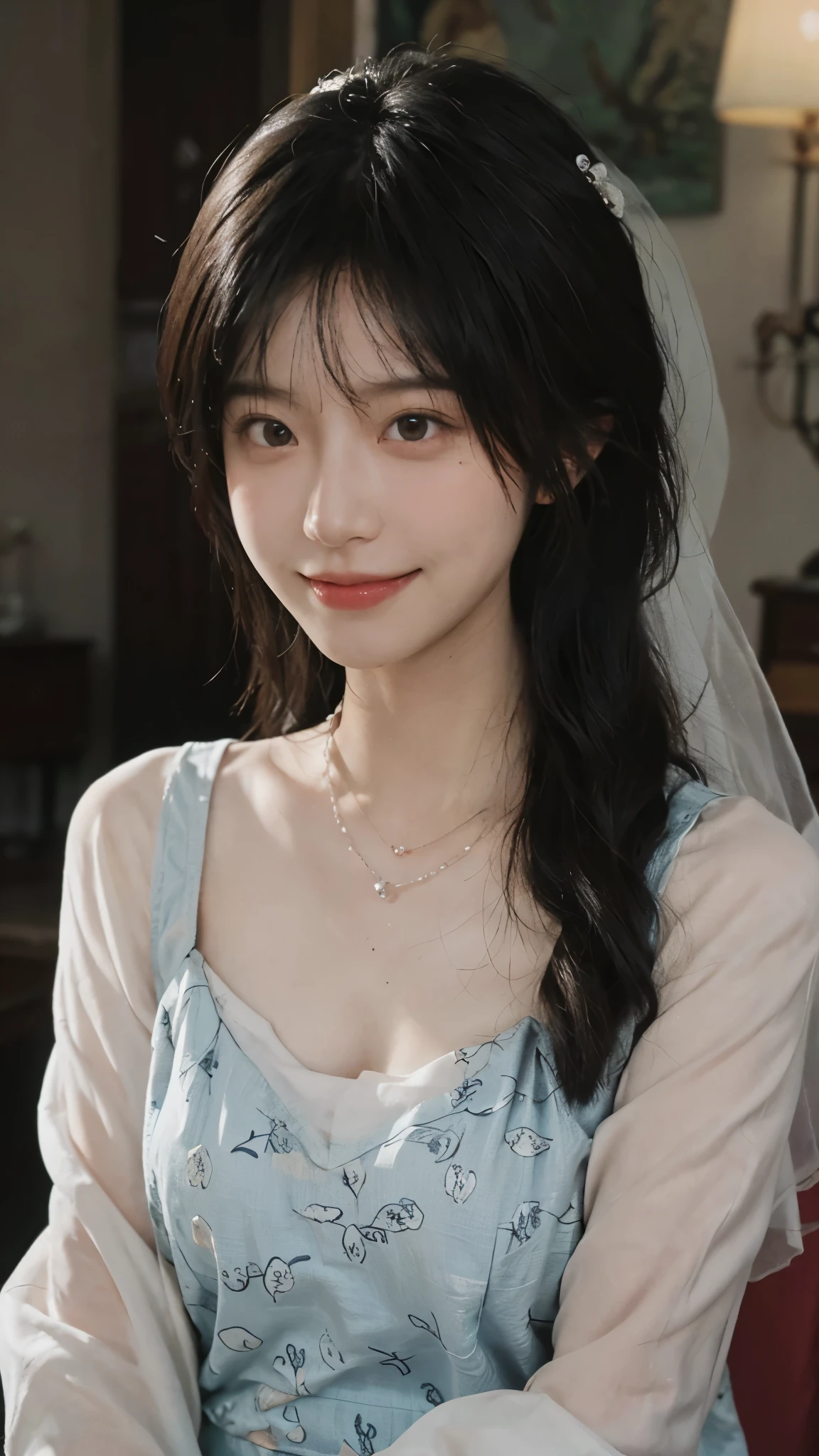 best quality, ultra high resolution, (realistically:1.4),cute hairpin,Baoyu Girl,Standing in the wedding hall,(flat chest:1.2) ,A pair of clear and charming peach blossom eyes,Royal sister,The sun shines on the face,Big wavy hairstyle,(necklace:1.2),(White skin:1.4),a sense of atmosphere,a beautiful girl, Smile,Looking directly at the viewer, Close-up cleavage ,(lifelike:1.4),1 girl,Sexy,(Upper body:1.4),(wet),(:1.2)