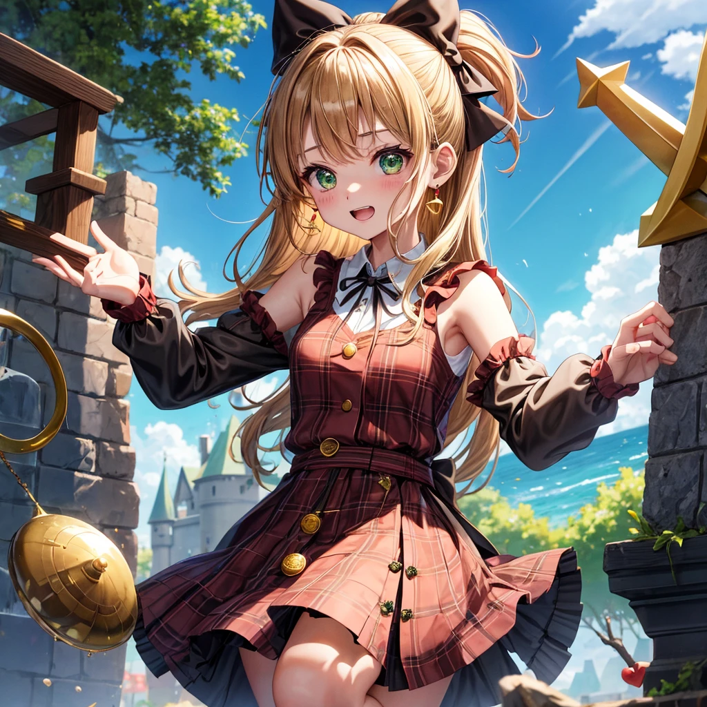 reddish-brown blonde、green eyes、one good looking girl、solo、anime、plaid mini skirt、the skirt has buttons、camisole、black t-shirt、dress、wearing a ribbon、ribbon at waist、cloak、hood、clouds are swirling、stone slabs are piled up、one hand raised、crystal earrings、sun、gold coins are falling、teeth are visible、splash of water、monster castle、have a world map、bow、Swing、ceiling、frying pan、graffiti、scarecrow、heart