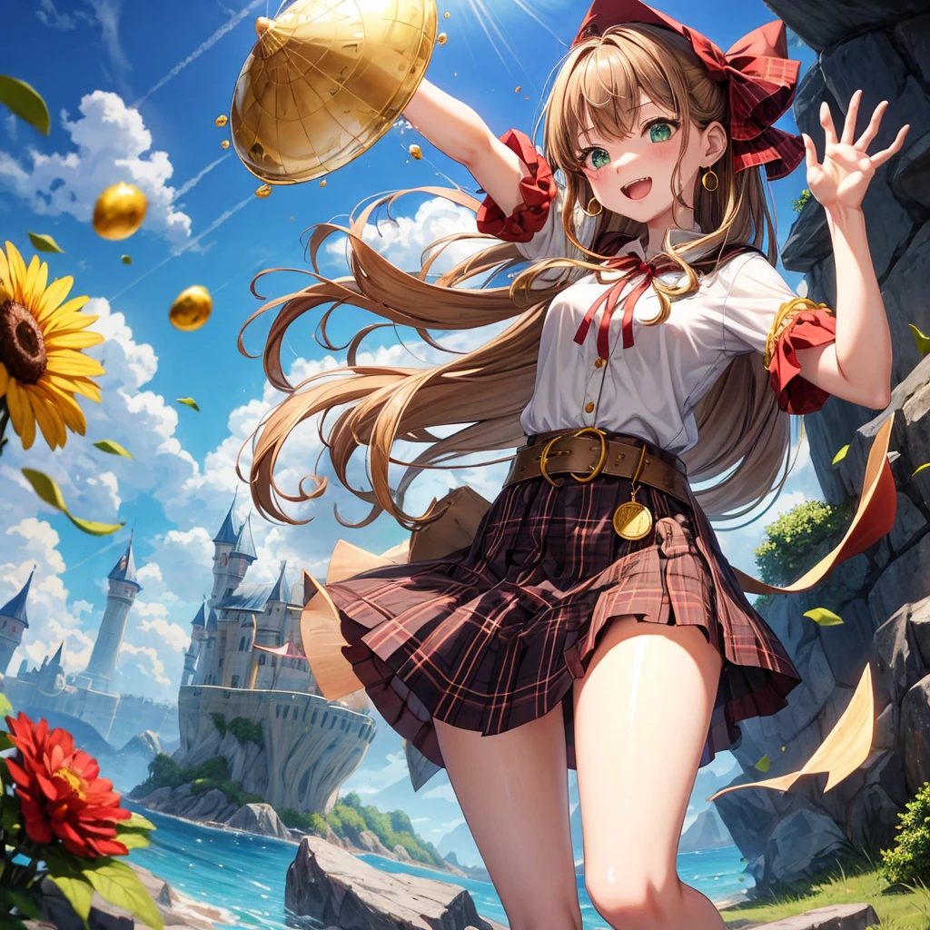 reddish-brown blonde、green eyes、one good looking girl、solo、anime、plaid mini skirt、the skirt has buttons、camisole、black t-shirt、dress、wearing a ribbon、ribbon at waist、cloak、hood、clouds are swirling、stone slabs are piled up、one hand raised、crystal earrings、sun、gold coins are falling、teeth are visible、splash of water、monster castle、have a world map、bow、Swing、ceiling、frying pan、graffiti、scarecrow、heart