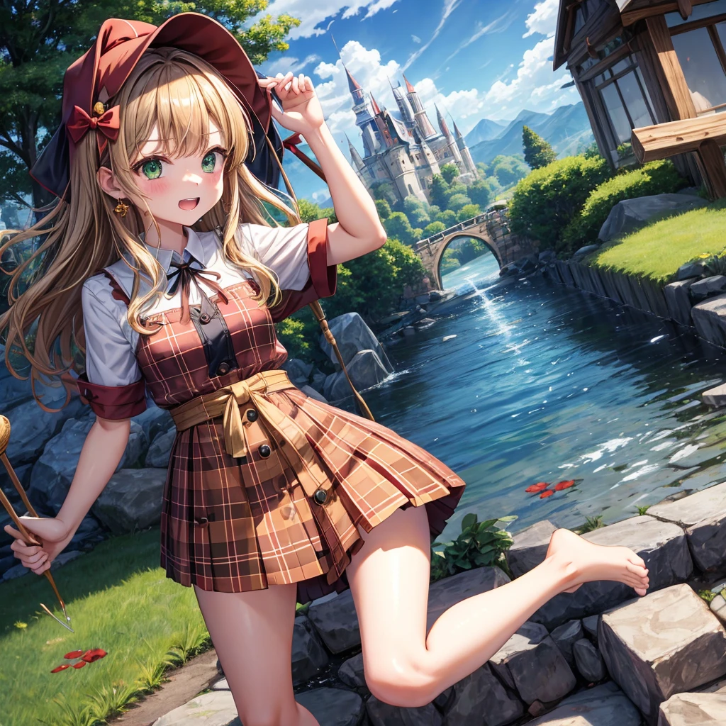 reddish-brown blonde、green eyes、one good looking girl、solo、anime、plaid mini skirt、the skirt has buttons、camisole、black t-shirt、dress、wearing a ribbon、ribbon at waist、cloak、hood、clouds are swirling、stone slabs are piled up、one hand raised、crystal earrings、sun、gold coins are falling、teeth are visible、splash of water、monster castle、have a world map、bow、Swing、ceiling、frying pan、graffiti、scarecrow、heart