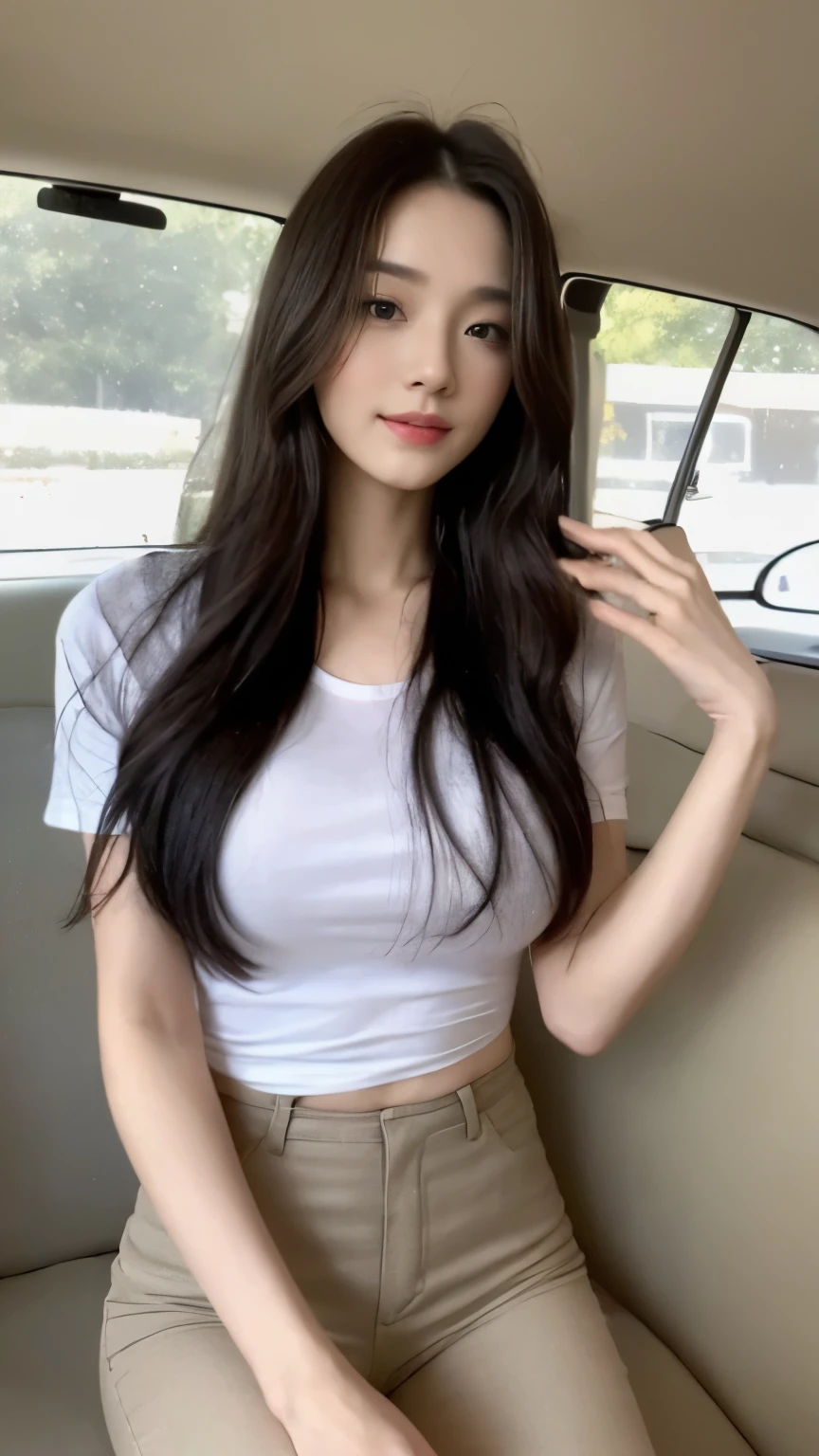 ((top-quality、8k、masterpiece:1.3))、Beautiful woman with perfect body:1.4、slim abdomen:1.2、Longhair, normal breast, Highly detailed facial and skin texture, A detailed eye, delicate eyes, double eyelid, (smile), (full body shot), ((in the car 1.1)), (sitting in car), (((wearing white t-shirt n long pants)), looking in front, food