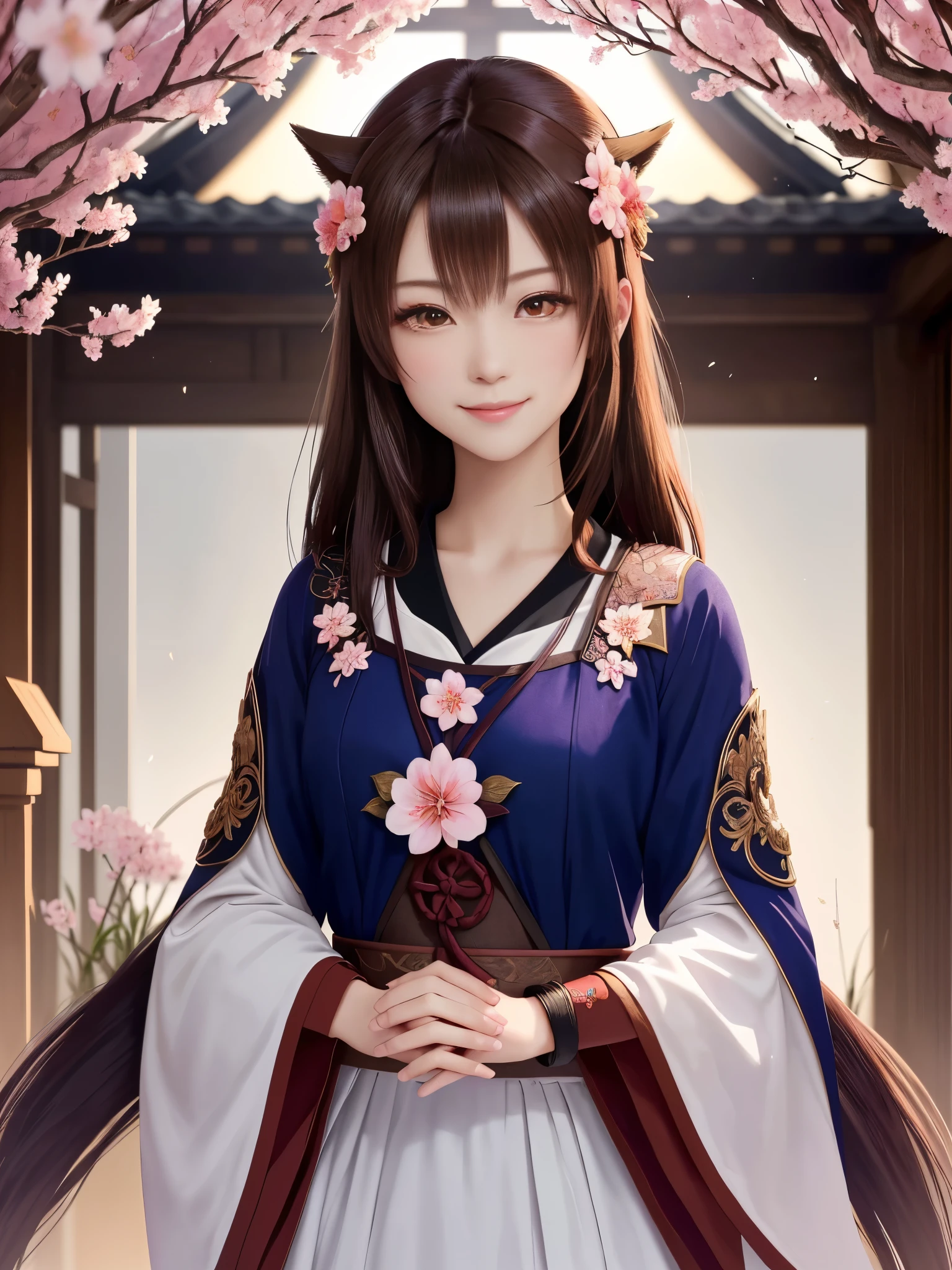 masterpiece , best quality,close up of face,smile,smile,small face,the whole body is facing forward,肩のexposed,exposed,bright brown hair,slender body shape,brown eyes,sharp contrast,short hair,美しいフォルムのshort hair,just one person,precision quality,Faithfully reproduced eyes, 一面に咲くcherry blossom background,masterpiece, 幻想的なcherry blossom background,cherry blossom background,beautiful details, colorful, delicate details, delicate lips, intricate details, genuine, ultrargenuineista, 枝に座っている色とりどりの髪のFoxを持つ女の子:Mature, bright eyes, ,色とりどりのFox, raposa de nine tails, 三尾Fox, 三尾Fox, onmyoji detail art, beautiful fine art illustration, mythical creatures, Fox, beautiful digital art,shrine maiden,hold hands,exquisite digital illustration, mizutsune, Inspired by mythical wild web creatures, pixiv in digital art, shining light, high contrast, Mysterious,