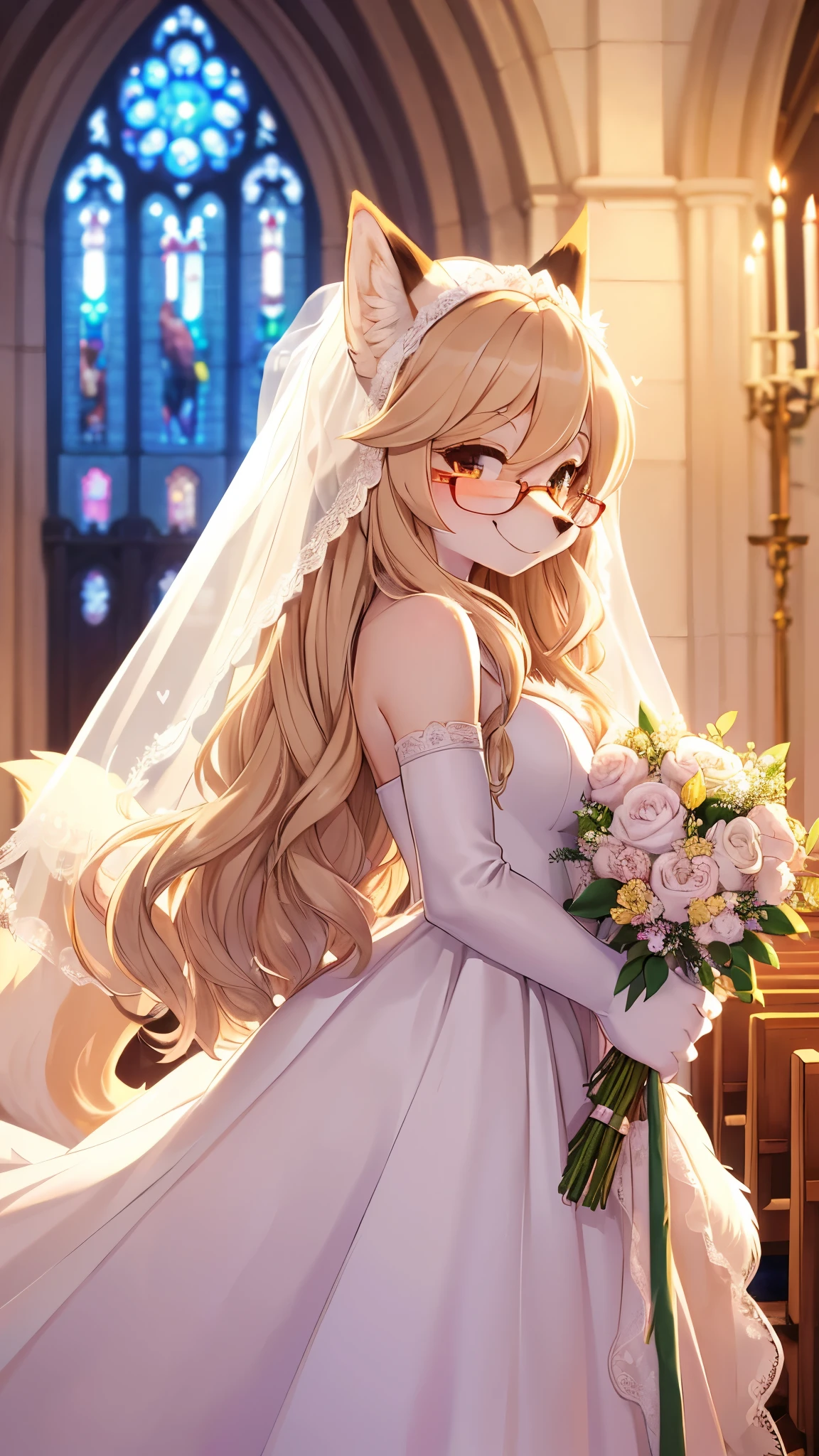 (fluffy anthro furry :1.6),fox girl,yellow long hair,wavy hair,white fur,neck fur,ultra detailed fur,glasses, wedding dress,white glove,veils, church, looking at viewer,full face blush,smile,happy face,holding bouquet,heart eyes,upper body only,left side view