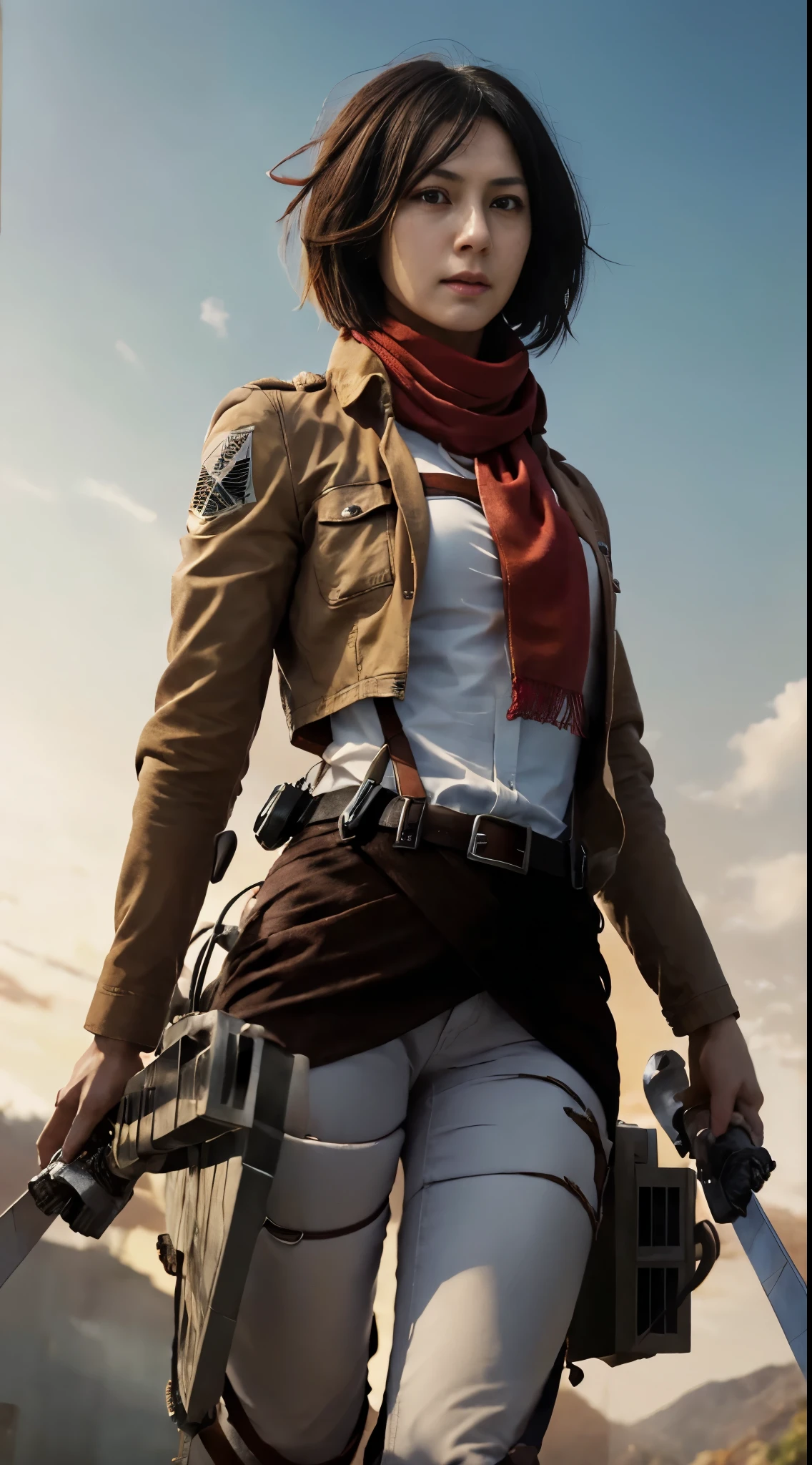 masterpiece, best quality, highres, hmmikasa, short hair, black eyes, scarf, emblem, belt, thigh strap, red scarf, white pants, brown jacket, long sleeves, holding weapon, sword, dual wielding, three-dimensional maneuver gear, fighting stance, sky,