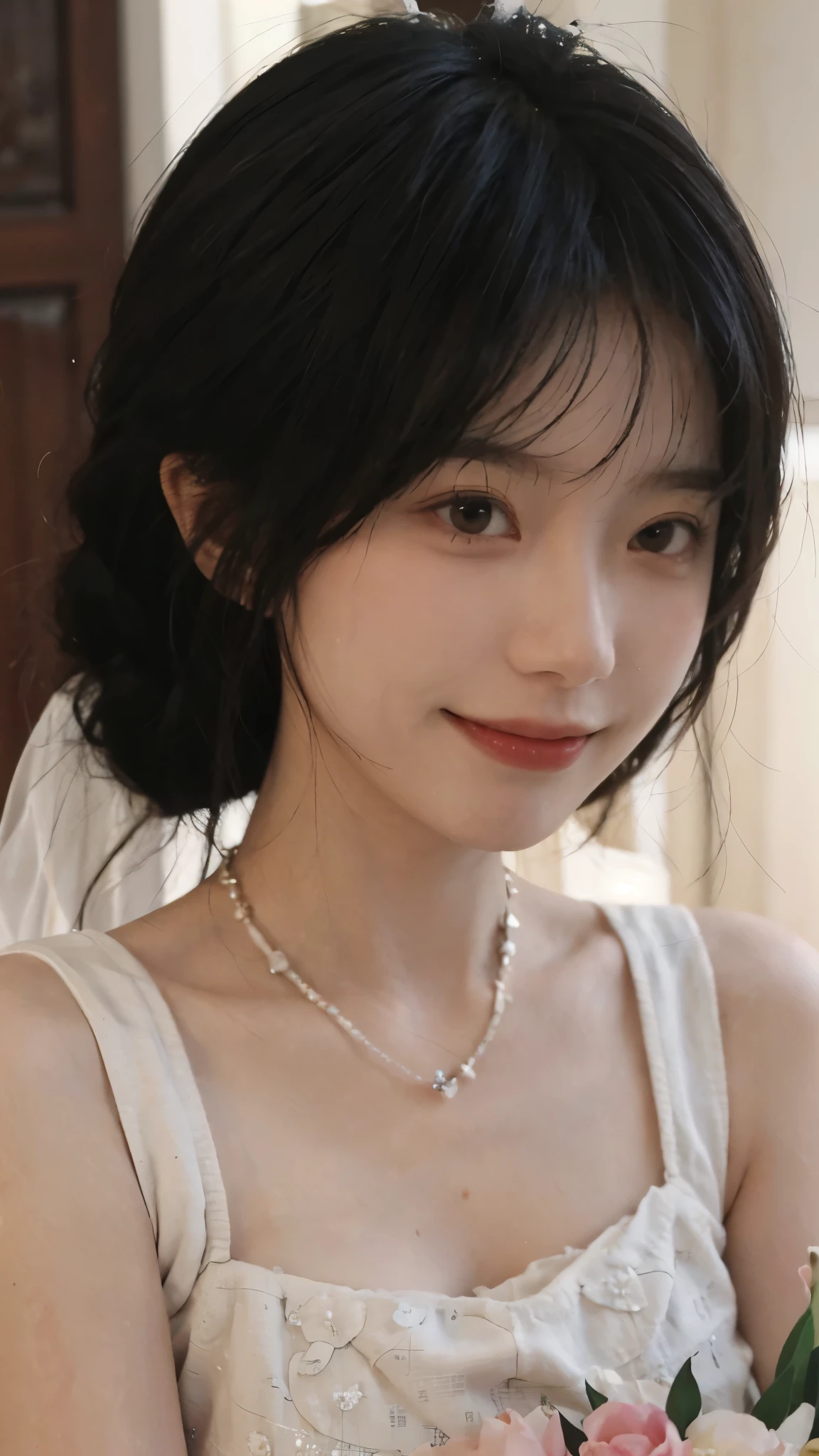 best qualtiy， 超高分辨率， （realisticlying：1.4），Cute hairpins，Baoyu Girl， A pair of clear and moving peach blossom eyes,Royal Sister，sunshine on face，with long coiled hair，（ln the forest：1.4），（choker necklace：1.2），（Fair skin：1.4），（full bodyesbian：1.2）a sense of atmosphere，a beauty girl， ssmile，head straight-looking at viewer， closeup cleavage ，(Photorealistic:1.4),1girll,Sexy,(Upper body:1.4),(Wet body),(:1.2)