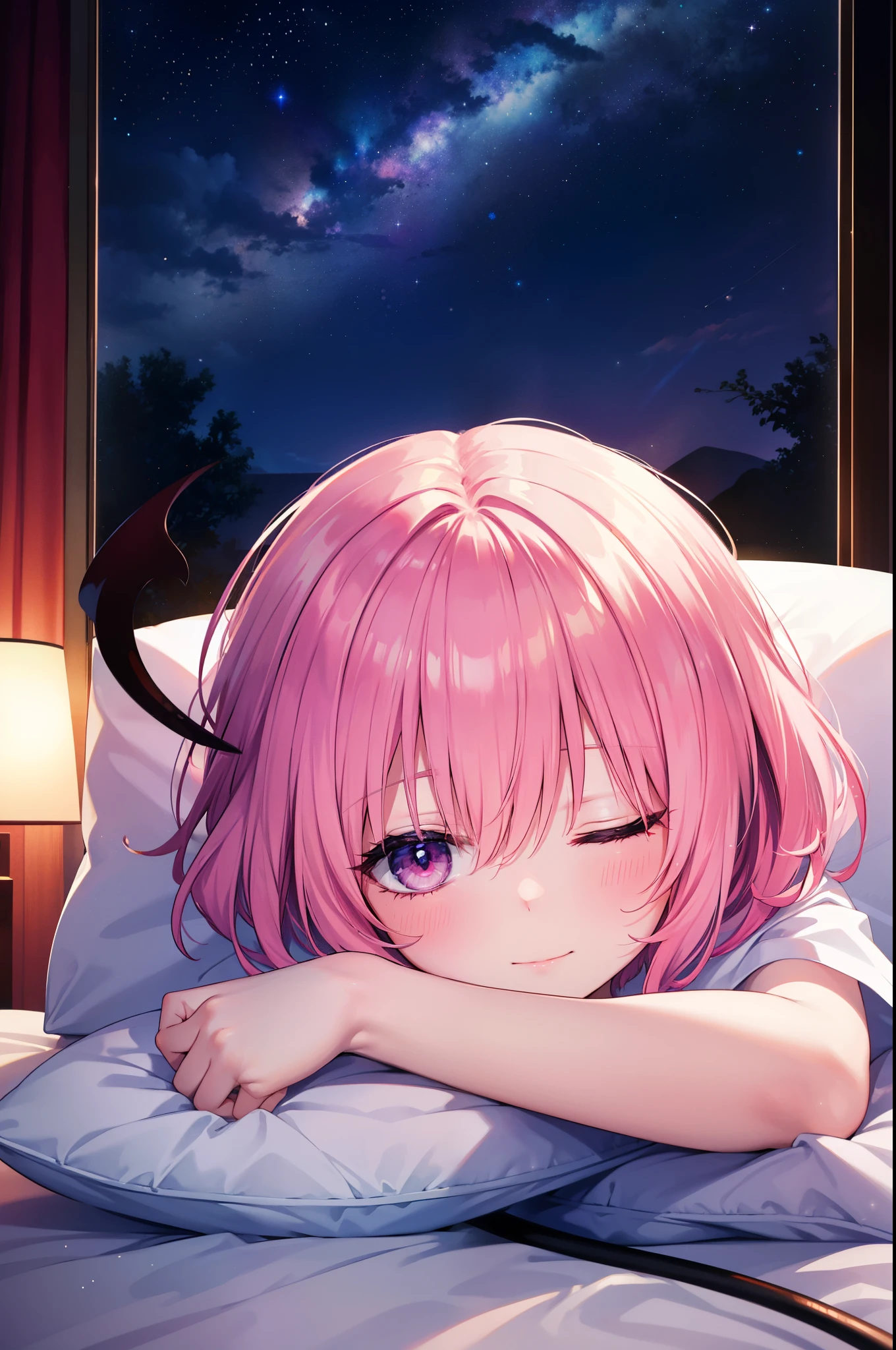 Momodeviluke, A type of deviluke,１人の女性 demon tail, pink hair, short hair, tail, smile,sleeping with both eyes closed,
break demon tail, Pink Baby Doll,pink string underwear,windows，romantic starry sky，A meteor crosses,sleeping in bed,night,sleep with your head on the pillow,Sleeping lying on your back in bed,dark room,night, 月光
break indoors, Bedroom,
break (masterpiece:1.2), highest quality, High resolution, unity 8k wallpaper, (figure:0.8), extremely detailed face, perfect lighting, extremely detailed CG, (perfect hands, perfect ???????),