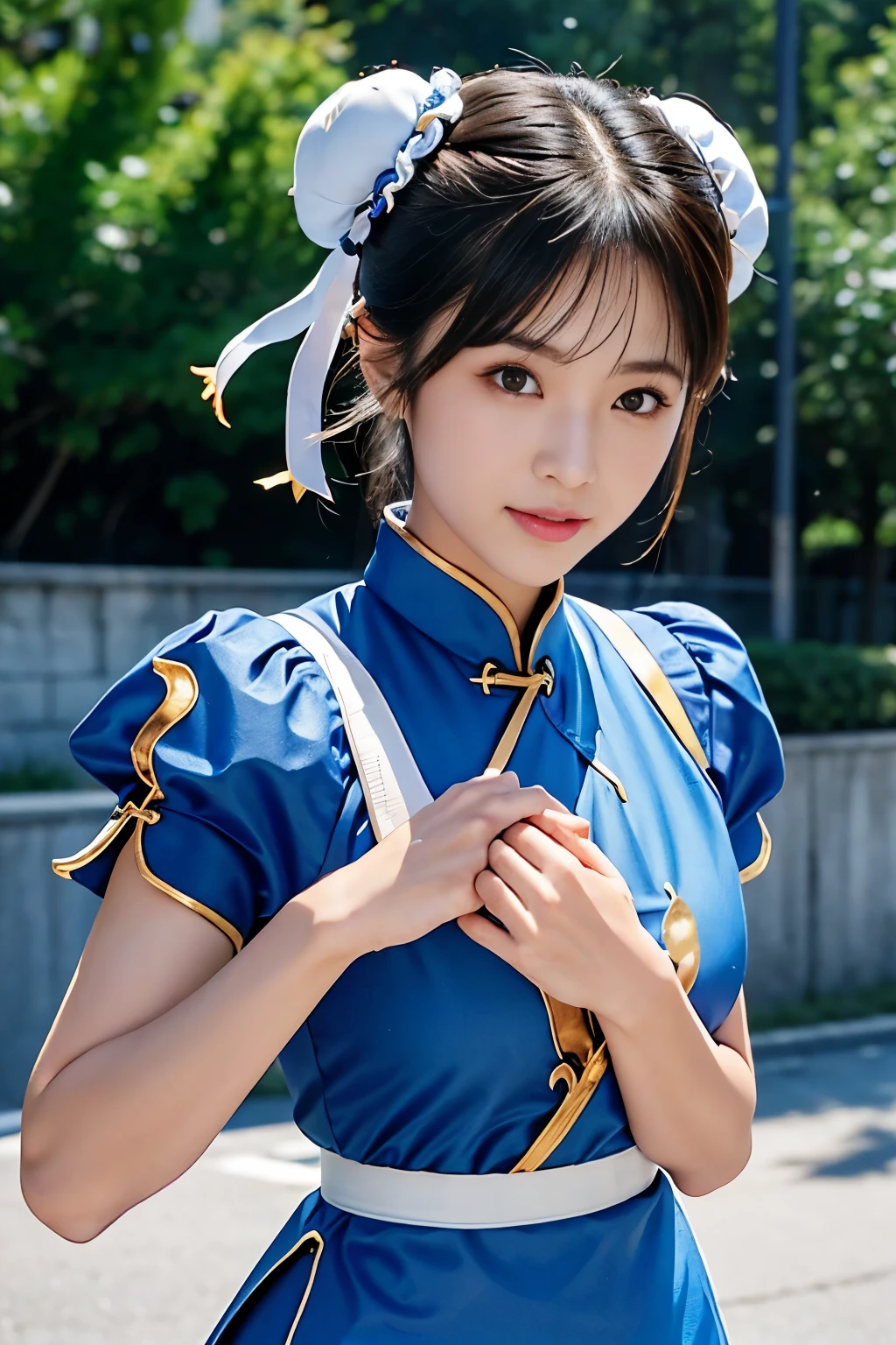 Chun-Li from Street Fight II,perfect chun li costume,Blue cheongsam with gold lines,Bun head,bun cover,fighting pose,masterpiece、1 beautiful girl、fine eyes、puffy eyes、highest quality, 超High resolution, (reality: 1.4), movie lighting、Japanese、asian beauty、Korean、super beautiful、beautiful skin、body facing forward、close up of face、(超reality的な)、(High resolution)、(8k)、(very detailed)、(美しくfine eyes)、(Super detailed)、 (wall-)、detailed face、bright lighting、professional lighting、looking at the viewer、look straight ahead、slanted bangs、Nogizaka Idol、korean idol、masterpiece, highest quality, masterpiece, highest quality, perfect face, perfect brown eyes with white sclera, bad move-5, alone, 1 girl, Upper body, brown hair, From SF2, Chinese service, smile, muscular woman, blue clothes, pantyhose, pelvic curtain, Puffy short sleeves, Good cover, sash, evaluation:safety