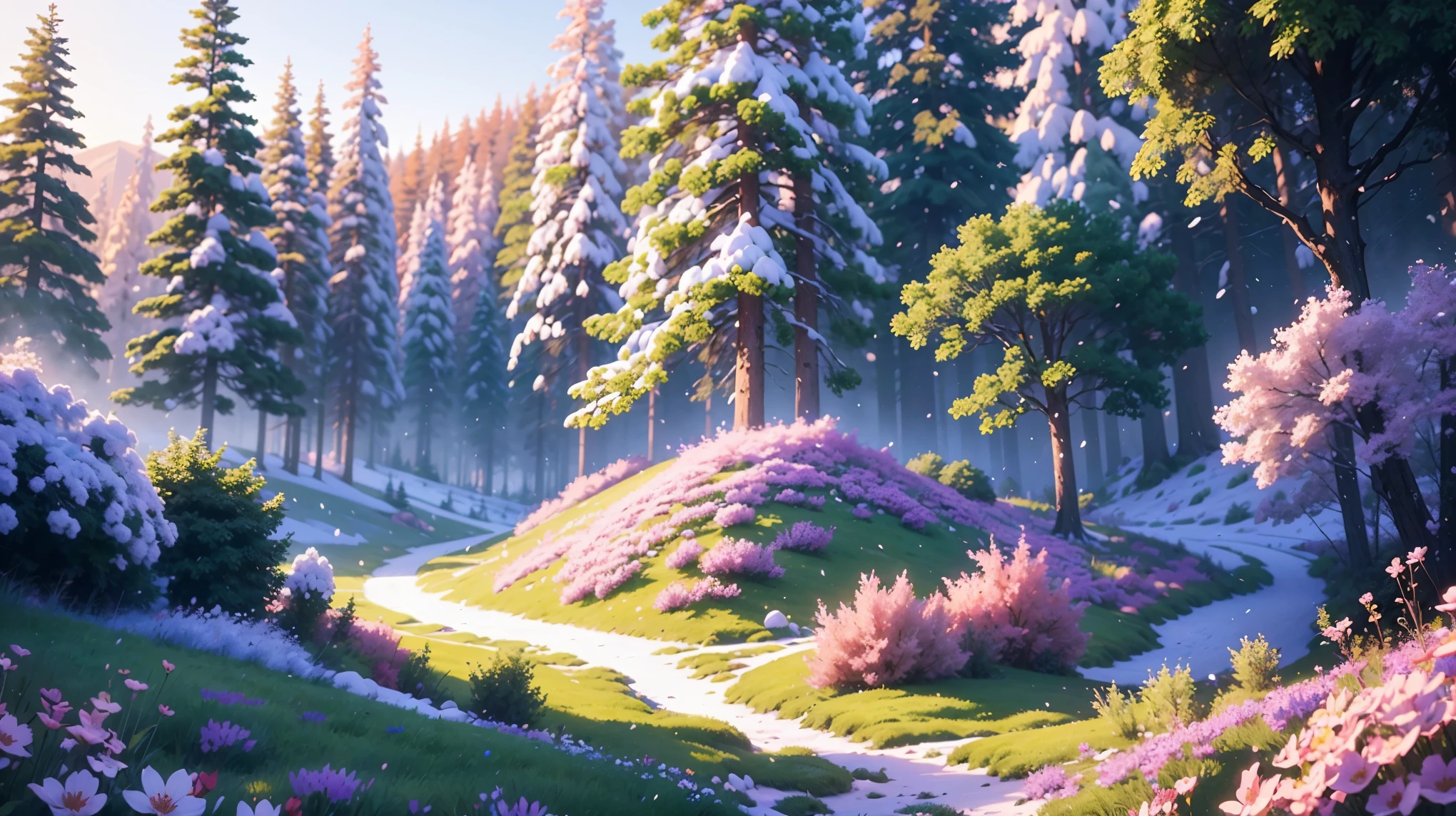 Prompt: masterpiece, best quality, ultra-detailed, 1girl, detailed water, long hair, corkscrew curls, red hair, light grey eyes, (close-up), maple trees, everywhere mistletoe, gorgeous, maple and spruce trees, cherry, cherry tree, smile, view from front, wolf ears, snowy background, science fiction, multiple tails, Tall evergreens stand tall and proud, their branches weighed down by heavy snow, volumetric lighting AND masterpiece, best quality, high quality, extremely detailed CG unity 8k wallpaper A vibrant spring landscape, bursting with new life and color. Rolling hills are covered with a carpet of green, dotted with delicate wildflowers in shades of pink, purple, and yellow, volumetric lighting