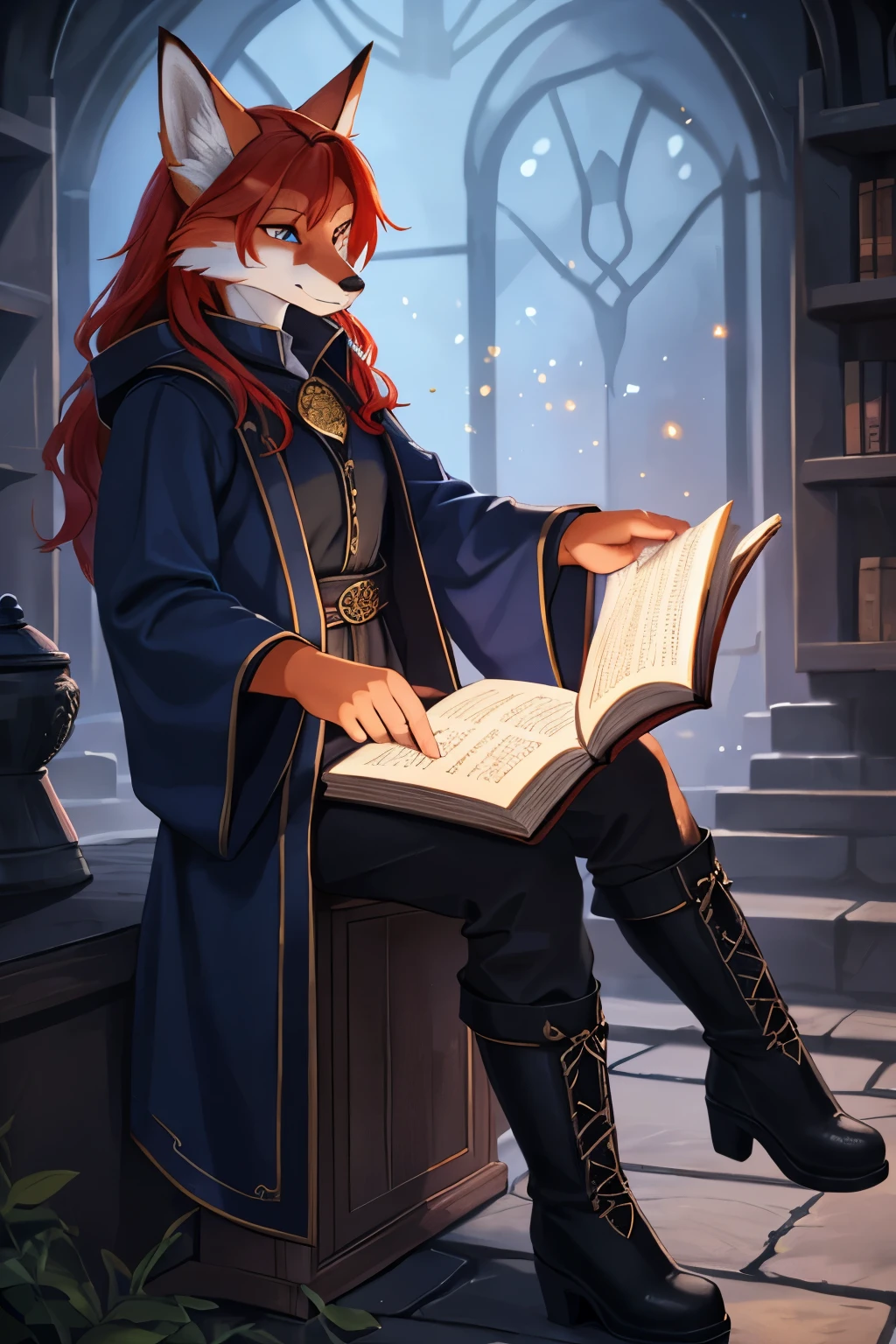 (Best quality,A high resolution),(Realistic:1.37)fox, redhead, Furry, kitsune, wool, sparkling eyes, flowy dark blue coat with black blouse, fire mage, holding a book of spells in his left hand, full length, black boots, in a dark fantasy atmosphere, Fantasy character