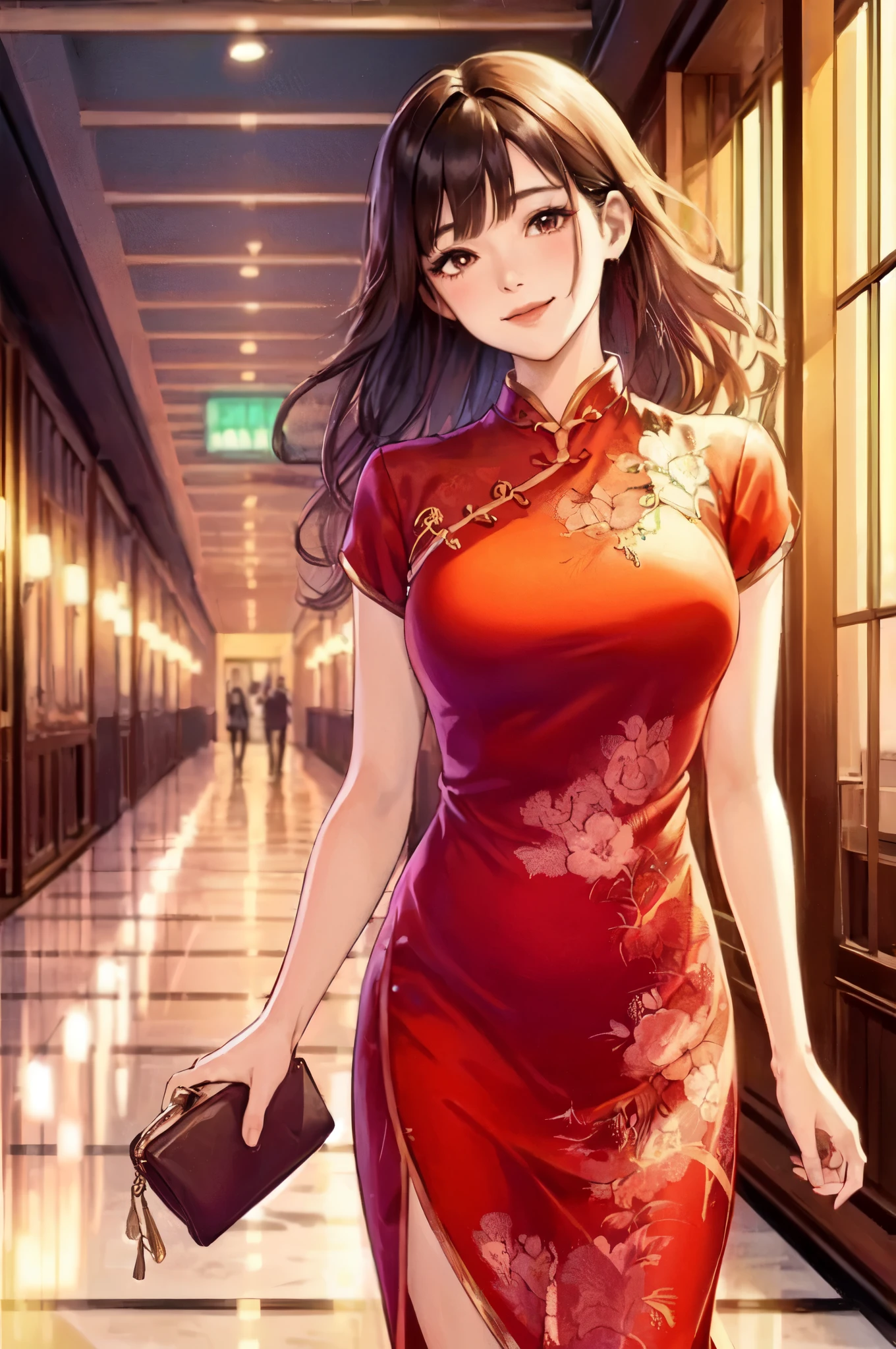 1lady solo, (walking slowly), (red cheongsam) floral stylish, mature female, /(dark brown hair/) bangs, blush kind smile, (masterpiece best quality:1.2) delicate illustration ultra-detailed, large breasts BREAK (holding pouch) BREAK (corridor of high-end restaurant) indoors, detailed background