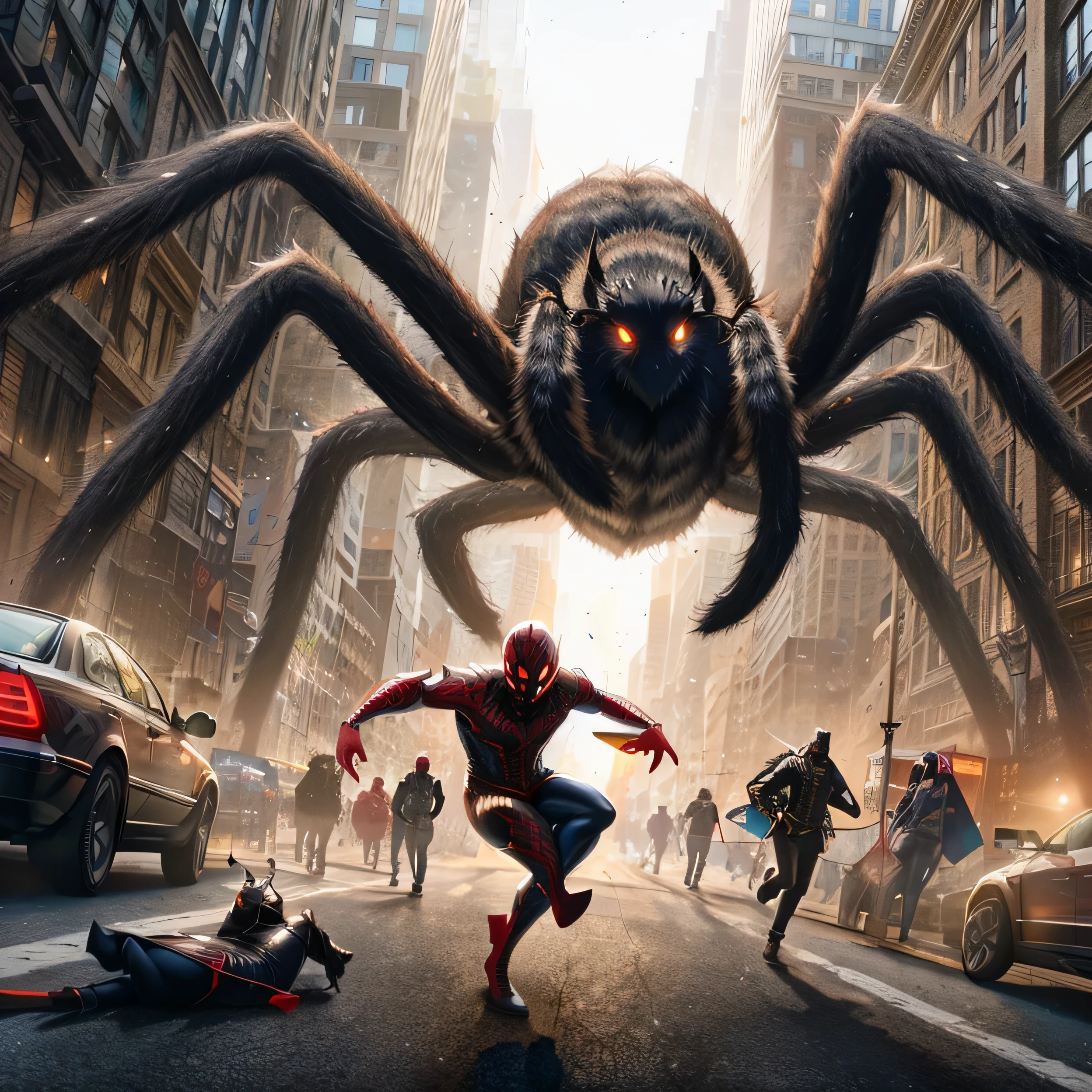 homem Aranha em uma cidade com uma enorme aranha nas costas, aranhaverso, aranha - estilo de arte em verso, No verso da aranha, 8k rendering”, into the aranhaverso, homem Aranha, homem Aranha, arte cg, aracnofobia, Aranhas, fear of Aranhas, Aranhas!!!!, &price;hiper-realista&price;, “hyper-realistic”, primeiro plano de aranha gigante, futuro
