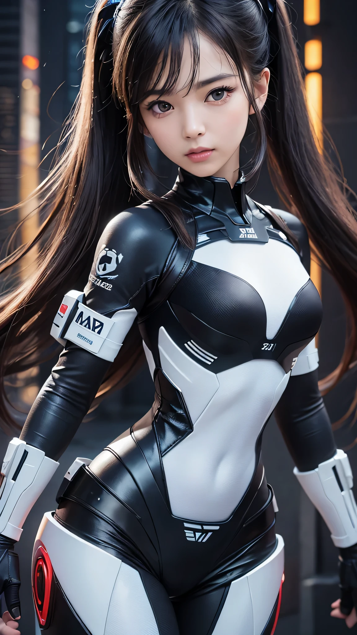 (Close-up:1.4)、(RAW photo:1.2)、(photorealistic:1.4)、(masterpiece:1.3)、(highest quality:1.4)、(Beautiful woman with perfect body:1.4)、A woman stands in front of a group of robots、beautiful android woman、beautiful female soldier、girl in a suit、complex combat uniform、beautiful young Japanese woman、Highly detailed face and skin texture、detailed big eyes、double eyelid、cute face、(twin tails:1.2)、(Medium chest)、beautiful breasts、(small butt)、(beautiful thighs)、(full body shot)、cowboy shot、(angry expression:1.2)、Storm and epic war scene、cyberpunk scene、night time、illumination、plug suit、have a gun、combat uniform damage