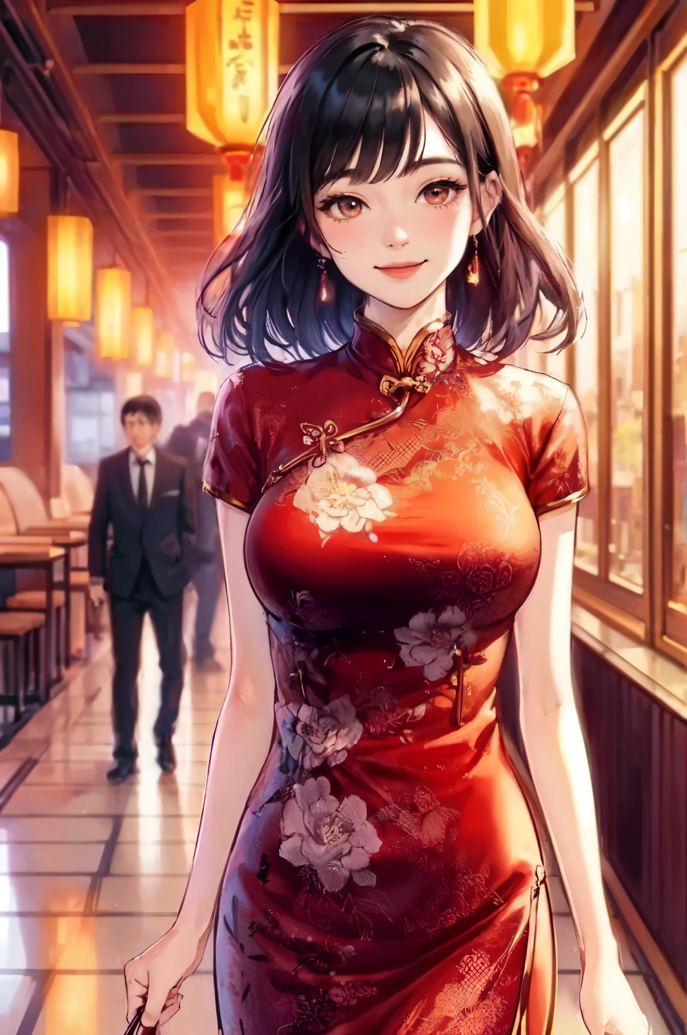 1lady solo, (walking slowly), (red cheongsam) floral stylish, mature female, /(black hair/) bangs, blush kind smile, (masterpiece best quality:1.2) delicate illustration ultra-detailed, large breasts BREAK (holding pouch) BREAK (corridor of high-end restaurant) indoors, detailed background
