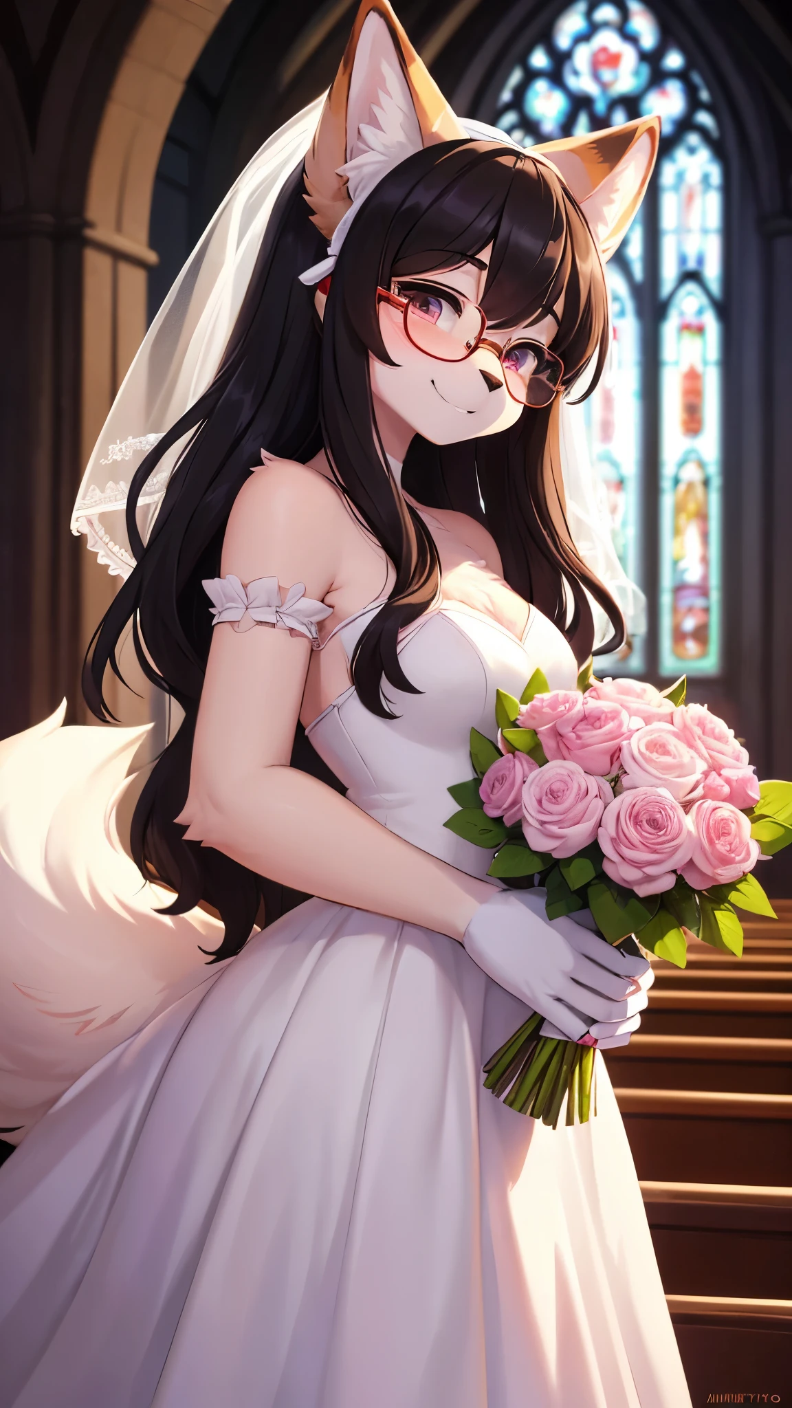 (fluffy anthro furry :1.6),cat girl,black long hair,wavy hair,pink fur,neck fur,ultra detailed fur,glasses, wedding dress,white glove,veils, church, looking at viewer,full face blush,shy face,close eye,smile,holding bouquet,heart eyes,upper body only,right side view