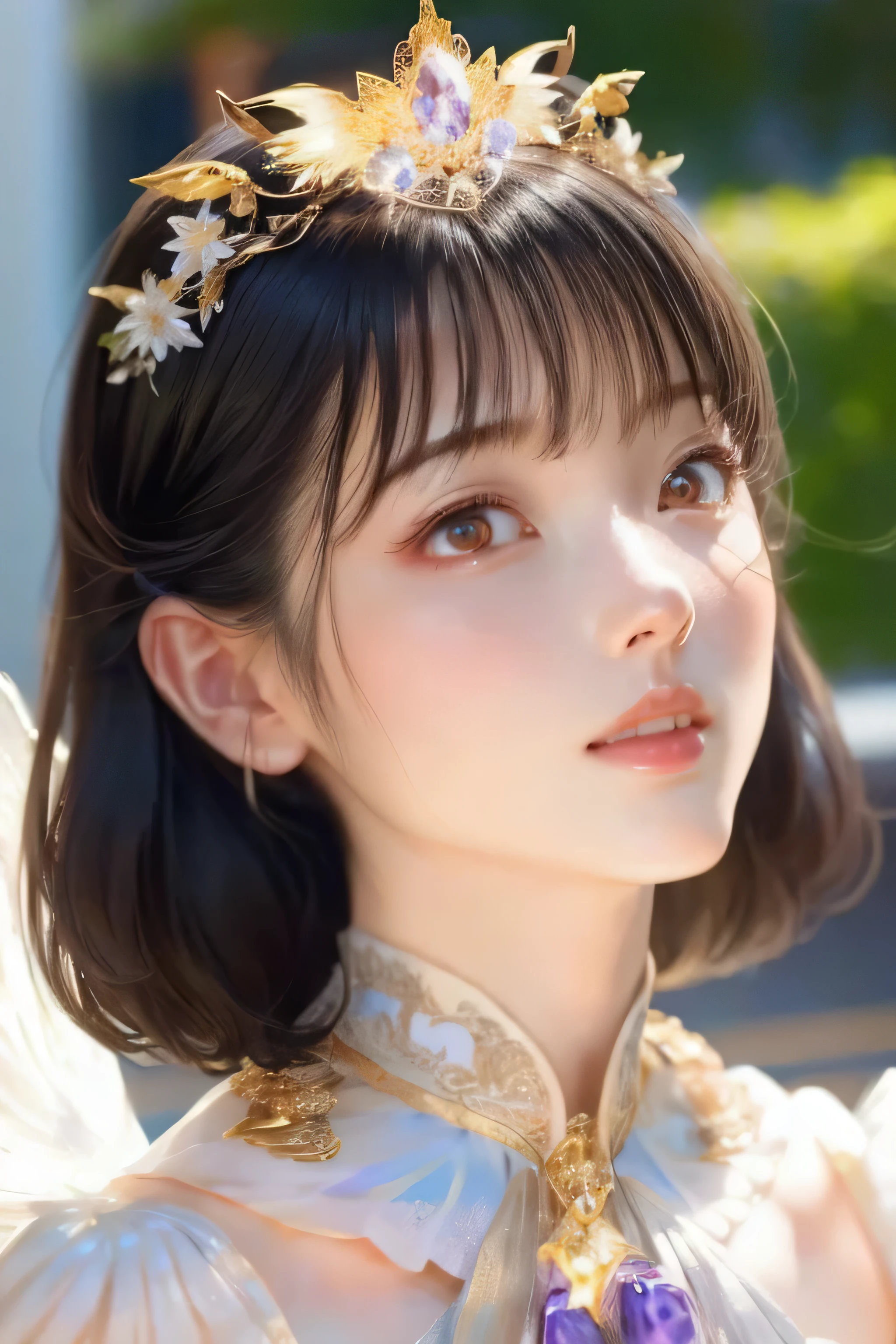 face is in front、look at the camera、profile、8k、real photos、ultra high resolution, master parts, highest quality, ticker , cinematic images,nice girl、Ann、16 years old、Annグロサクソン、double eyelid、droopy eyes、very big eyes、eyes are purple、dark eyeshadow、lips are very thin、long nose.、nostrils are very small, very detailed , silver hair、straight short hair、smile、 sweet expression 、）、very clear shadows , jewelry , fine eyes, extremely difficult, shiny skin , パーフェクトブリリAnnト, perfect sentence, dramatic shadow、white tiara on head、gold necklace around the neck、White aristocratic dress with gold embroidery、glass high heels、angel wings