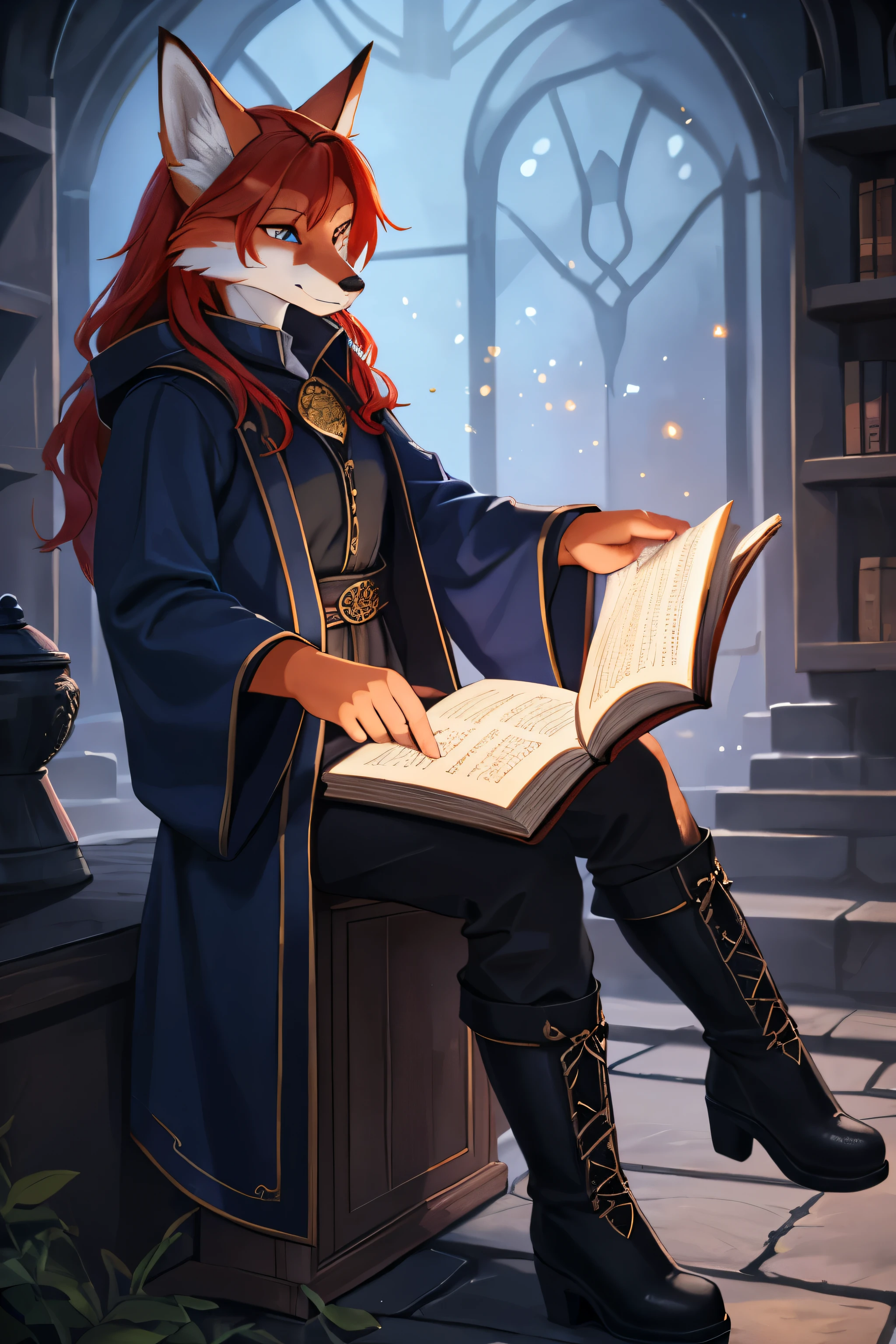 (Best quality,A high resolution),(Realistic:1.37)fox, redhead, fluffy, kitsune, wool, sparkling eyes, flowy dark blue coat with black blouse, fire mage, holding a book of spells in his left hand, full length, black boots, in a dark fantasy atmosphere, fantasy character art