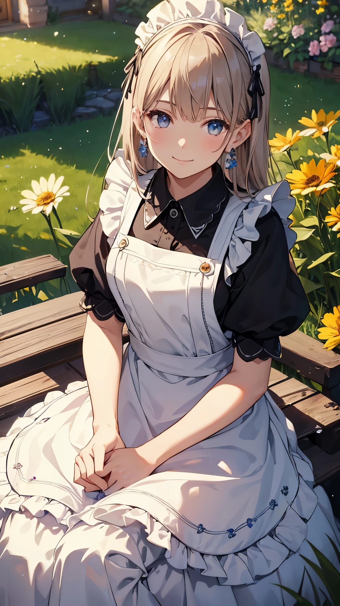 (highest quality, 8k, masterpiece, super detailed:1.2), cinematic angle, flowering meadow, shine, particles of light, garden, 1 girl, alone, maid, maid headdress, apron, arms, earrings, cute, smile, skirt lift,