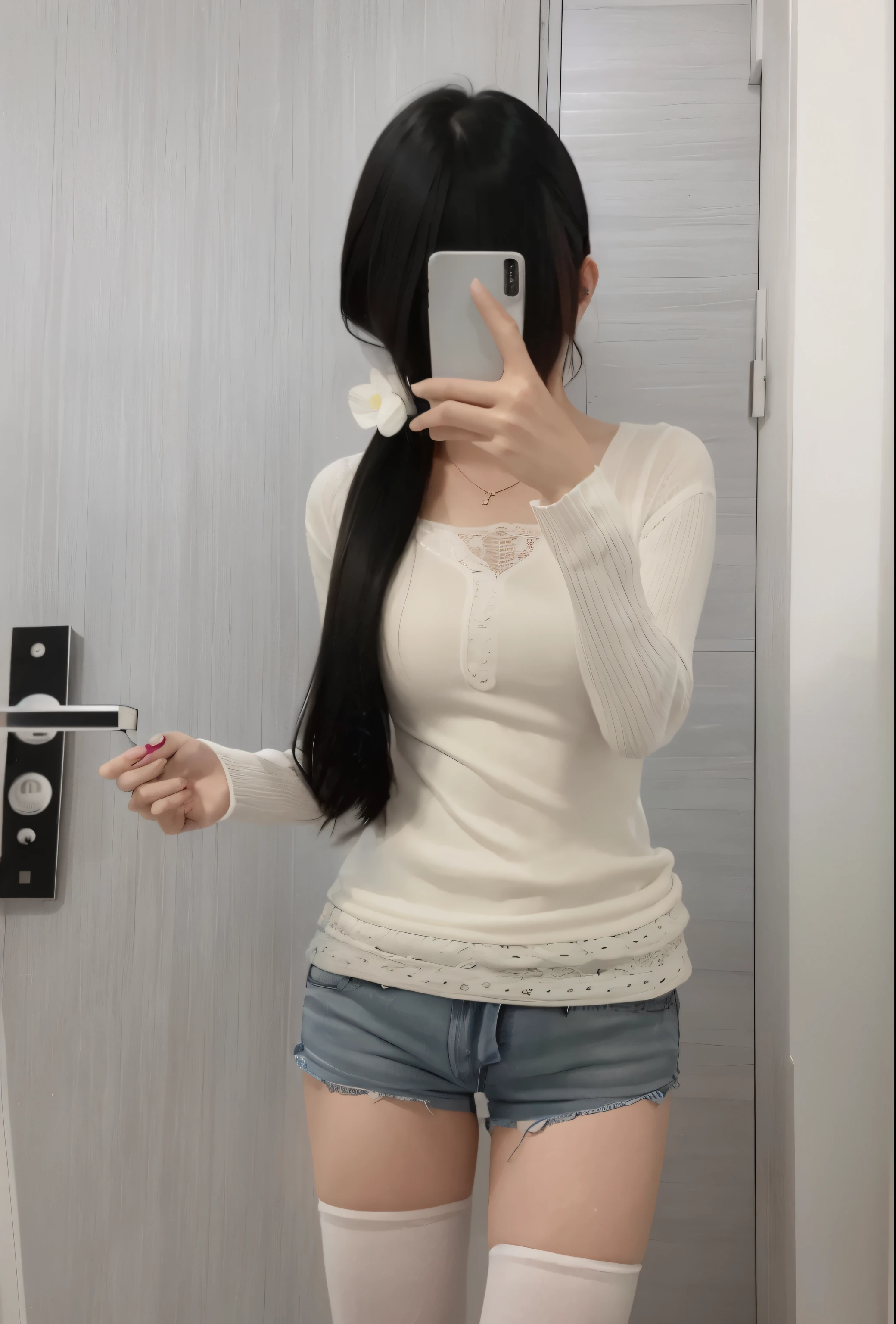 A woman takes a selfie in the mirror, 1 8 yes, Urzan, The motto is Teshirogi, 24 year old female model, slim girl photos, There are Landraces, 19 year old girl, ( Ivory black ), white top, Yoshitomo Nara, gentlemen. Takemura